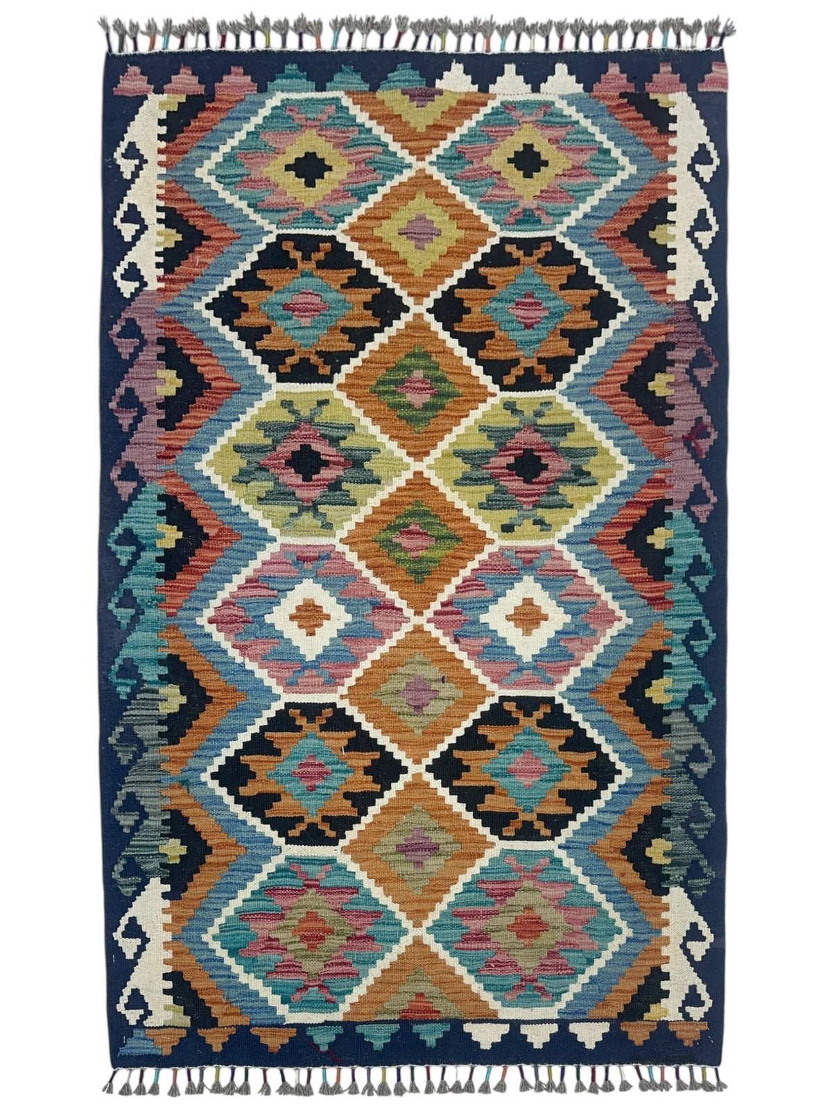 Afghan Kilim Rug 3x5, Navy, Orange & Black, Hand-Woven Wool Flatweave