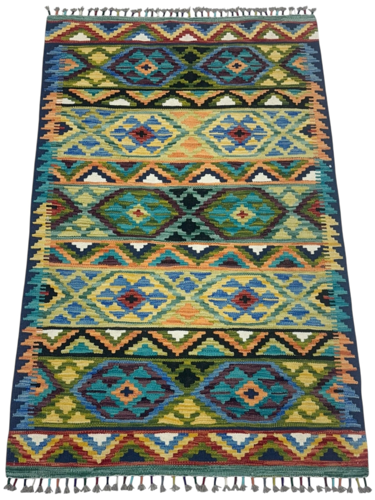 Afghan Kilim Rug 3x5, Teal, Gold & Green, Striped Wool Flatweave, view 2