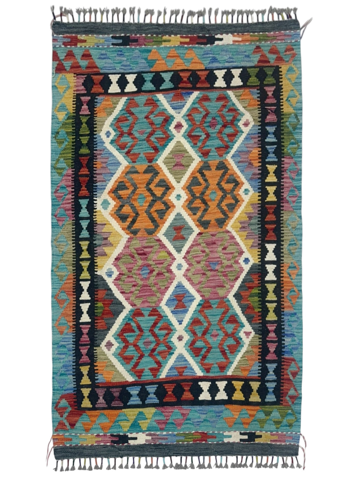 Afghan Kilim Rug 3x5, Teal, Orange & Ivory, Hand-Woven Wool Flatweave