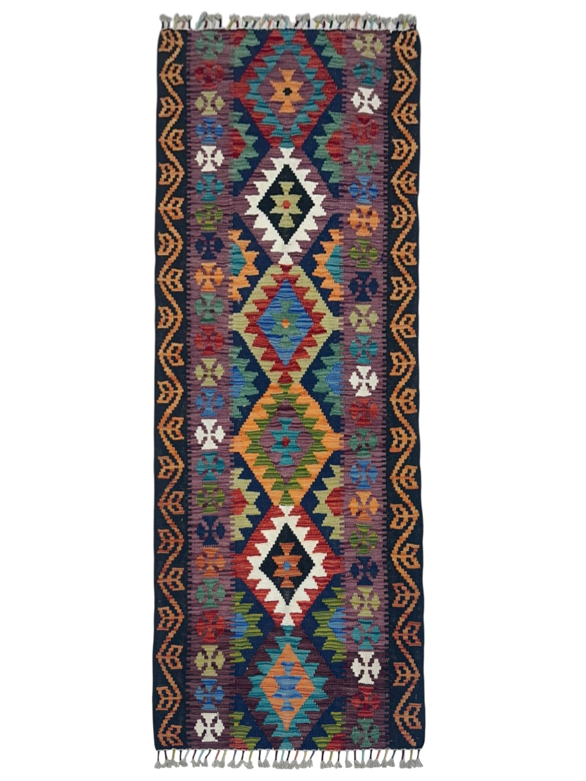 Afghan Kilim Runner 3x6, Black, Red & Orange, Hand-Woven Wool Flatweave