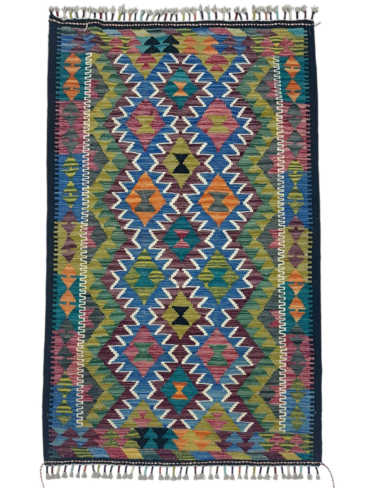 Afghan Kilim Rug 3x5, Green, Blue & Pink, Hand-Woven Wool Flatweave