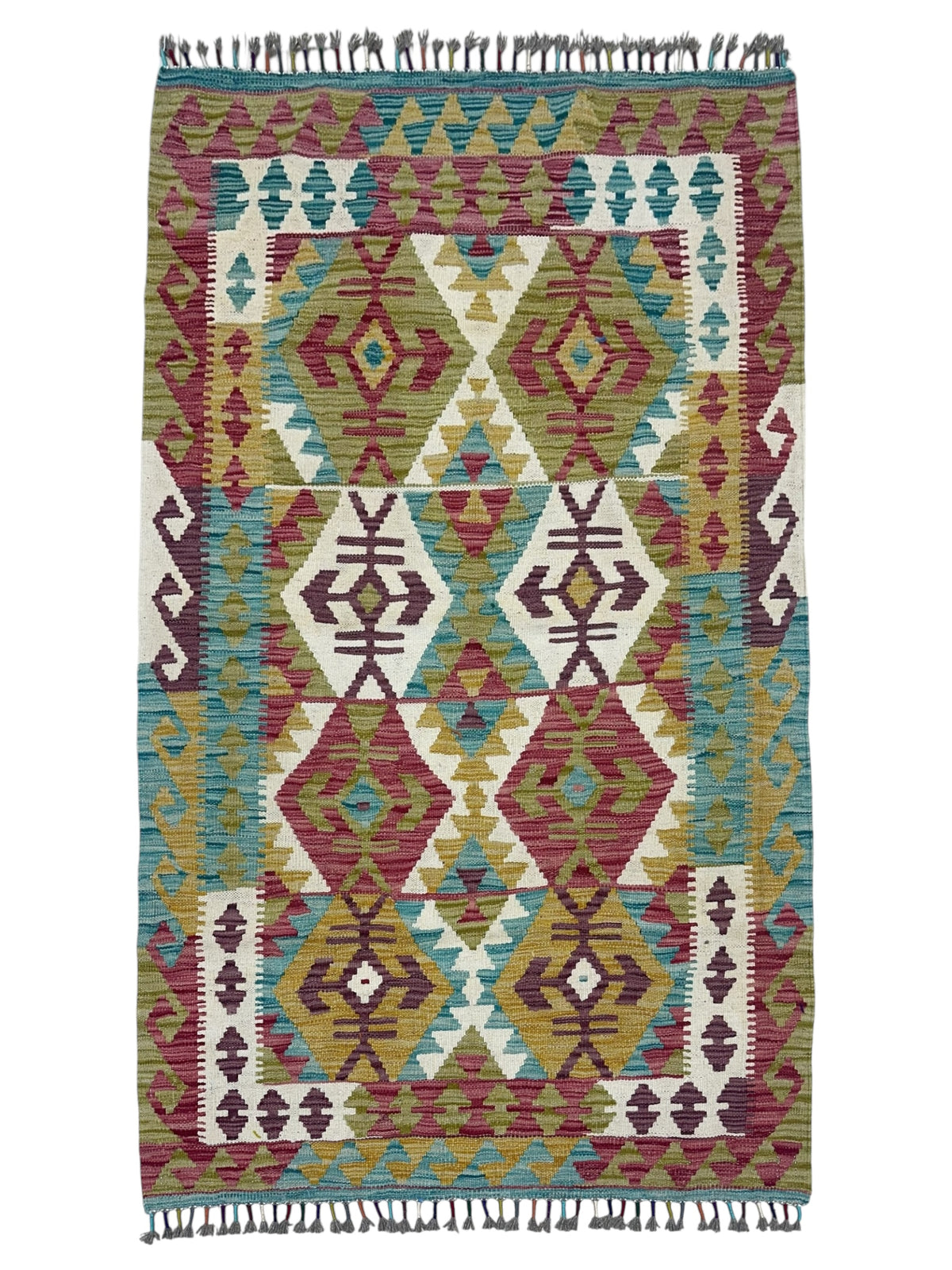 Afghan Kilim Rug 3x5, Red, Olive Green & Ivory, Hand-Woven Wool Flatweave