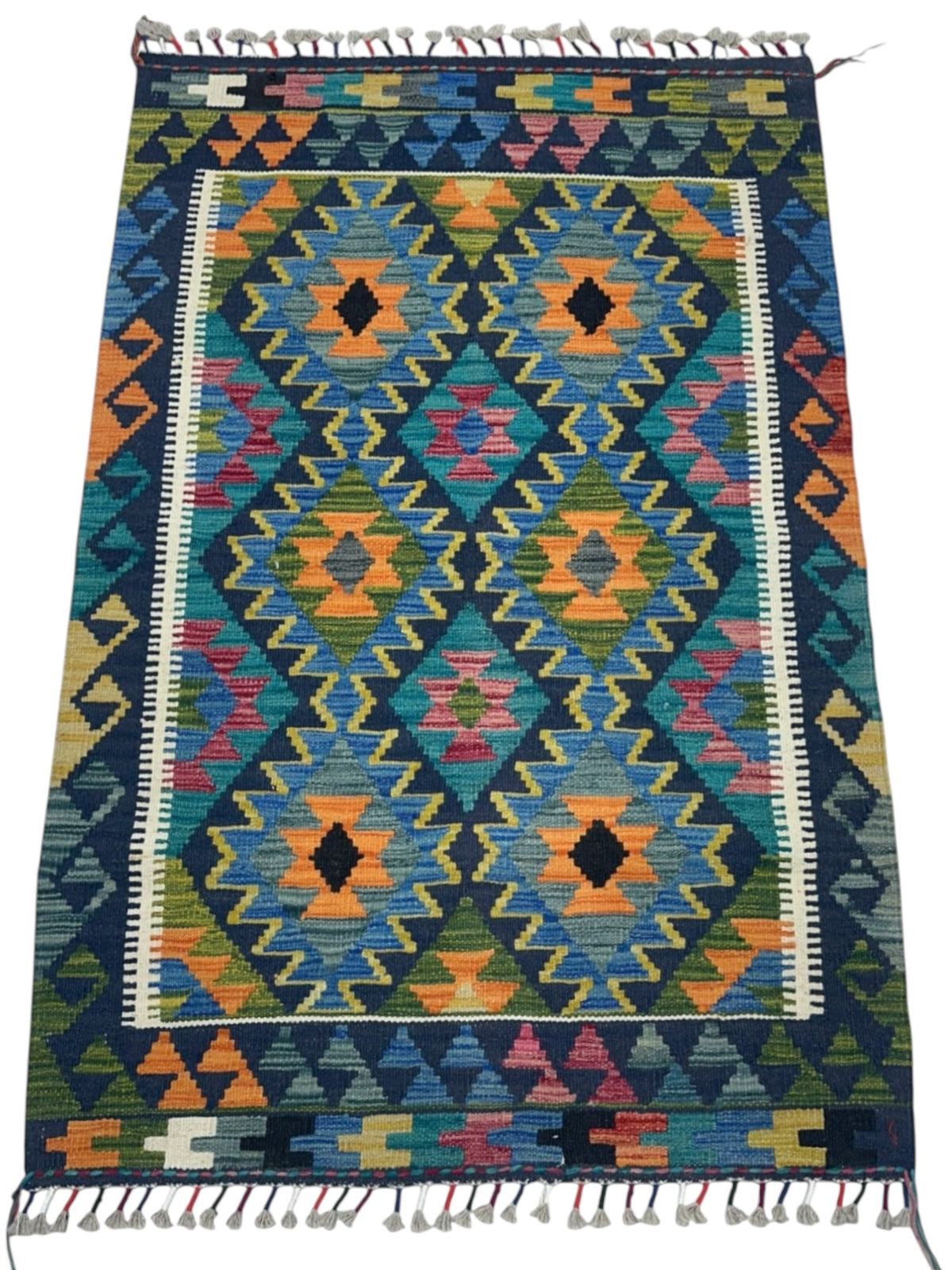 Afghan Kilim Rug 3x5, Green, Blue & Orange, Hand-Woven Wool Flatweave, view 2