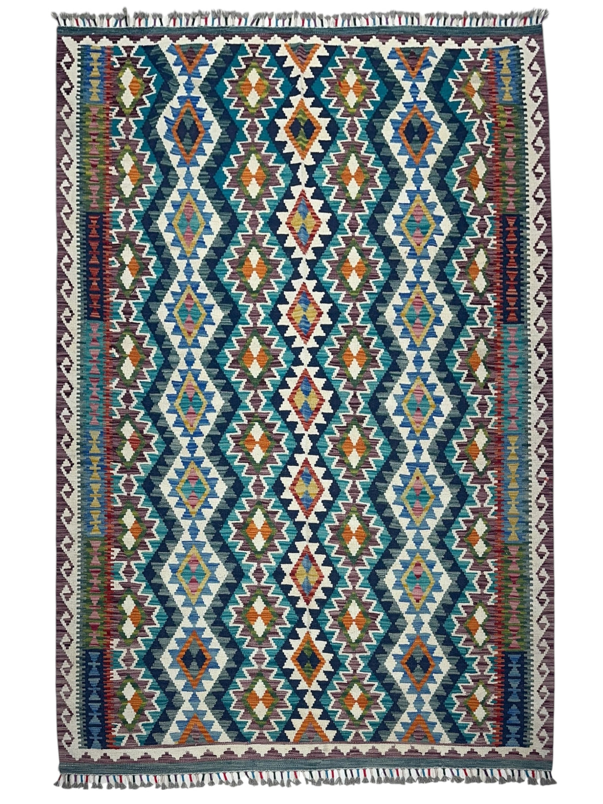 Afghan Kilim Rug 6x8, Teal, Ivory & Navy, Hand-Woven Wool Flatweave