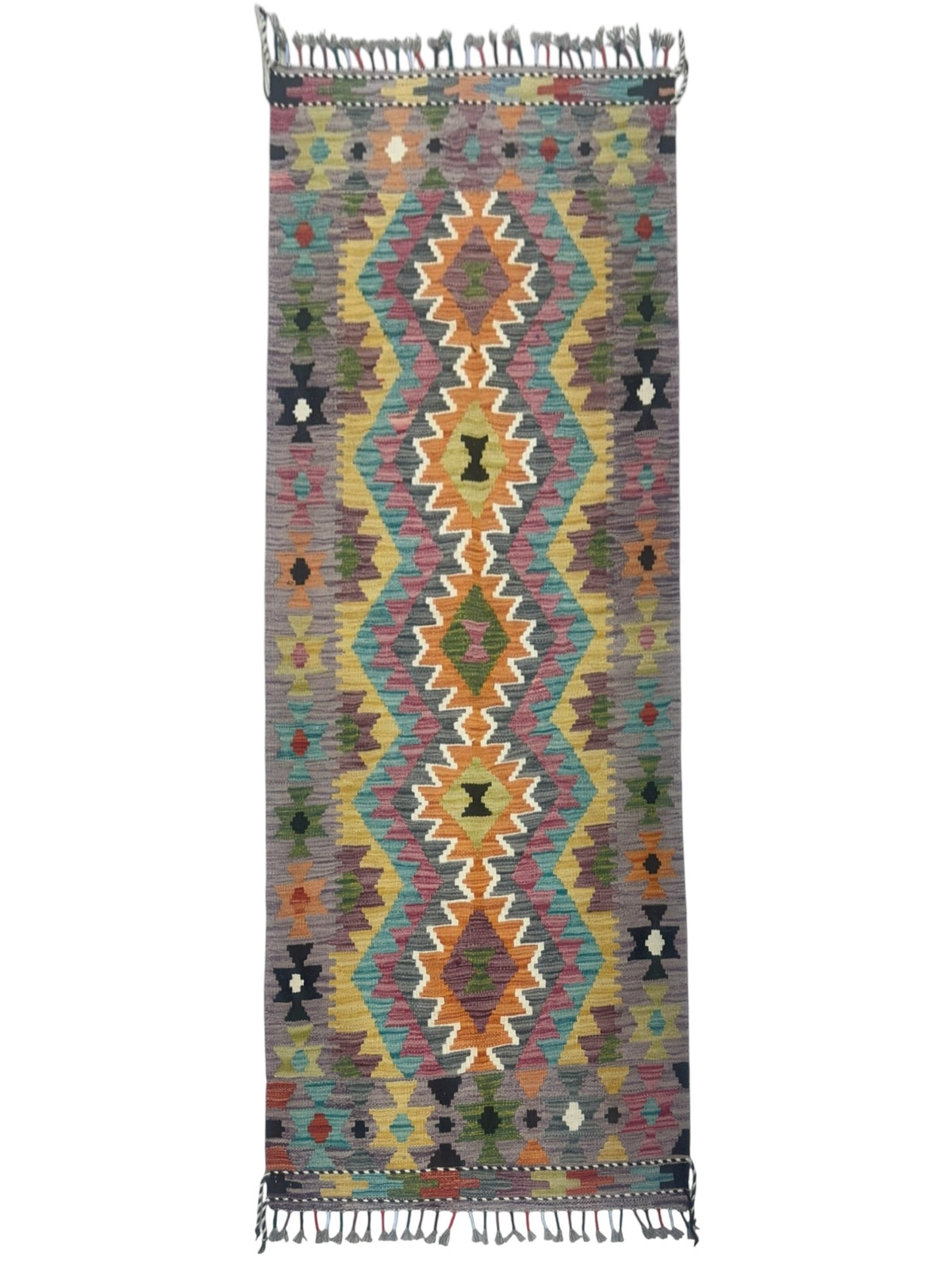 Afghan Kilim Runner 3x6, Purple, Orange & Gold, Hand-Woven Wool Flatweave
