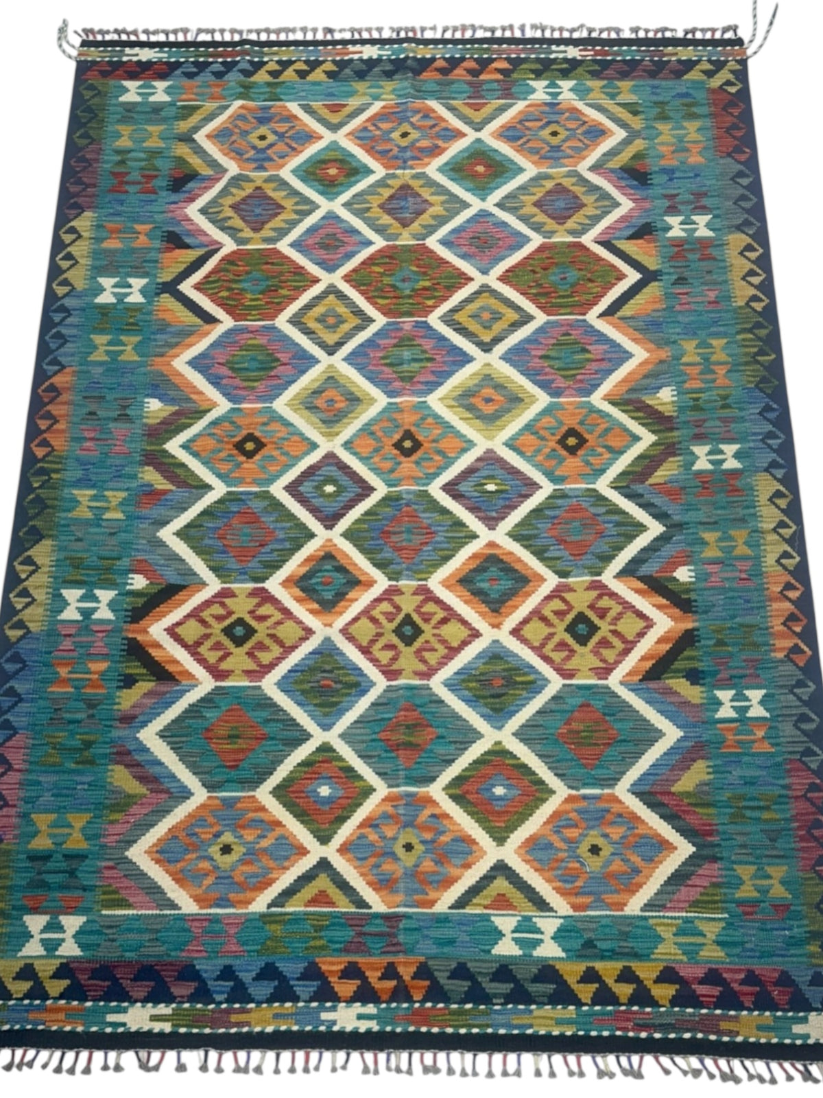 Afghan Kilim Rug 6x8, Teal, Navy & Ivory, Hand-Woven Wool Flatweave, view 2