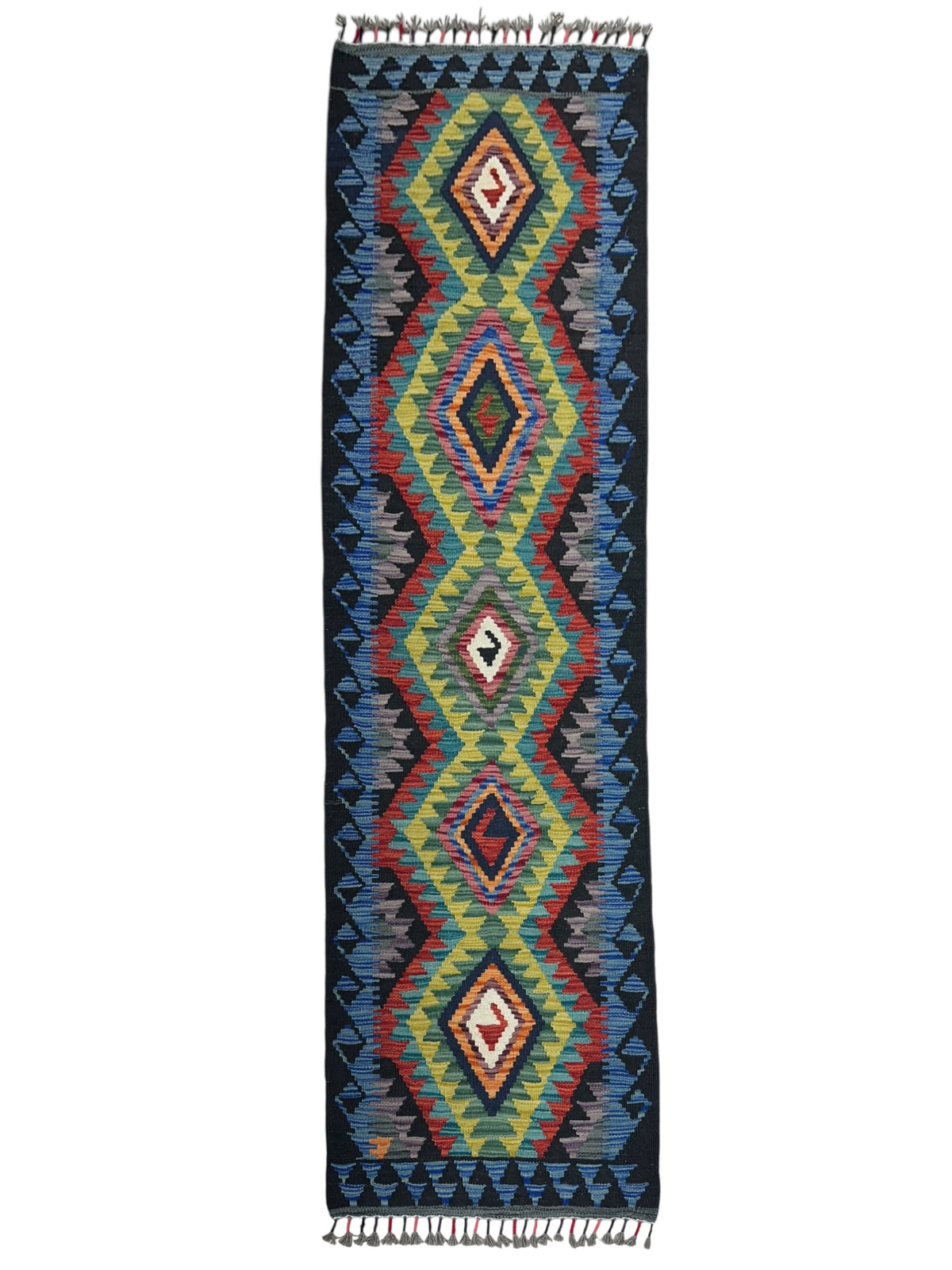 Afghan Kilim Runner 2x7, Navy, Olive Green & Blue, Hand-Woven Wool Flatweave