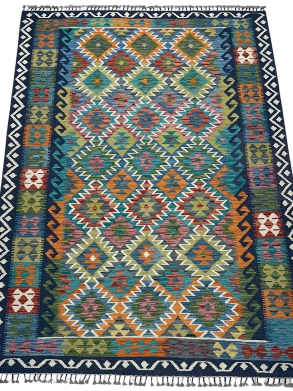 Afghan Kilim Rug 6x8, Teal, Navy & Orange, Hand-Woven Wool Flatweave, view 2