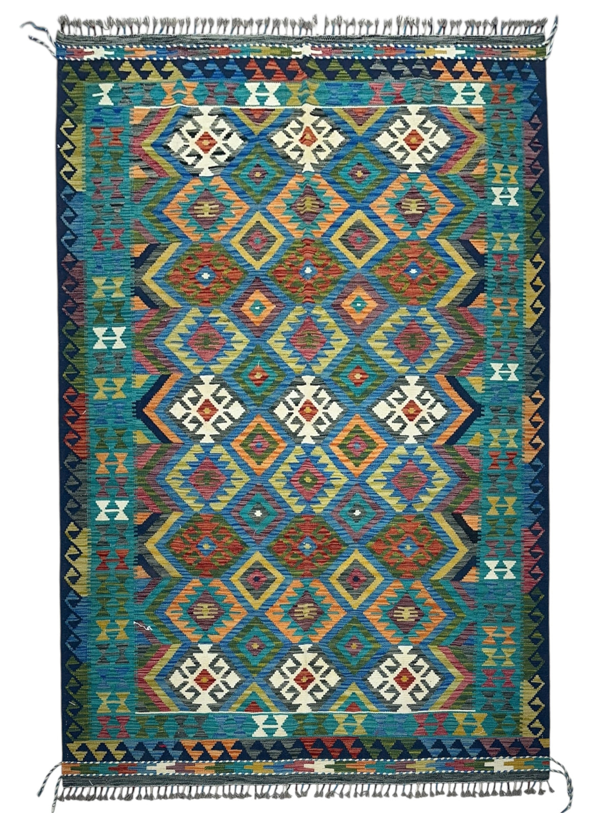 Afghan Kilim Rug 6x8, Teal, Brown & Orange, Hand-Woven Wool Flatweave