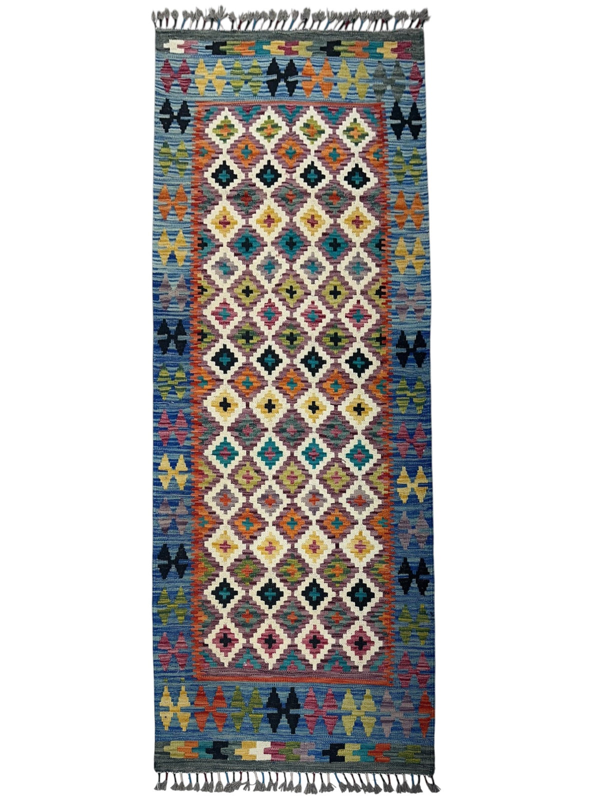 Afghan Kilim Runner 3x6, Blue, Ivory & Rust, Hand-Woven Wool Flatweave