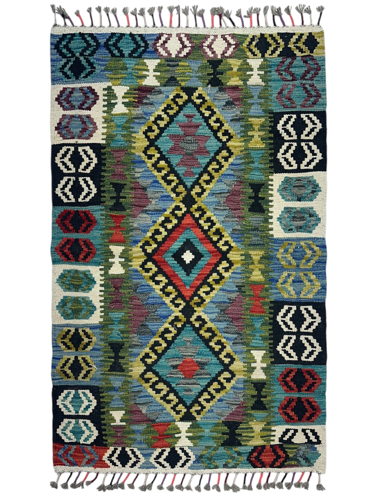 Afghan Kilim Rug 3x4, Black, Blue & Teal, Hand-Woven Wool Flatweave