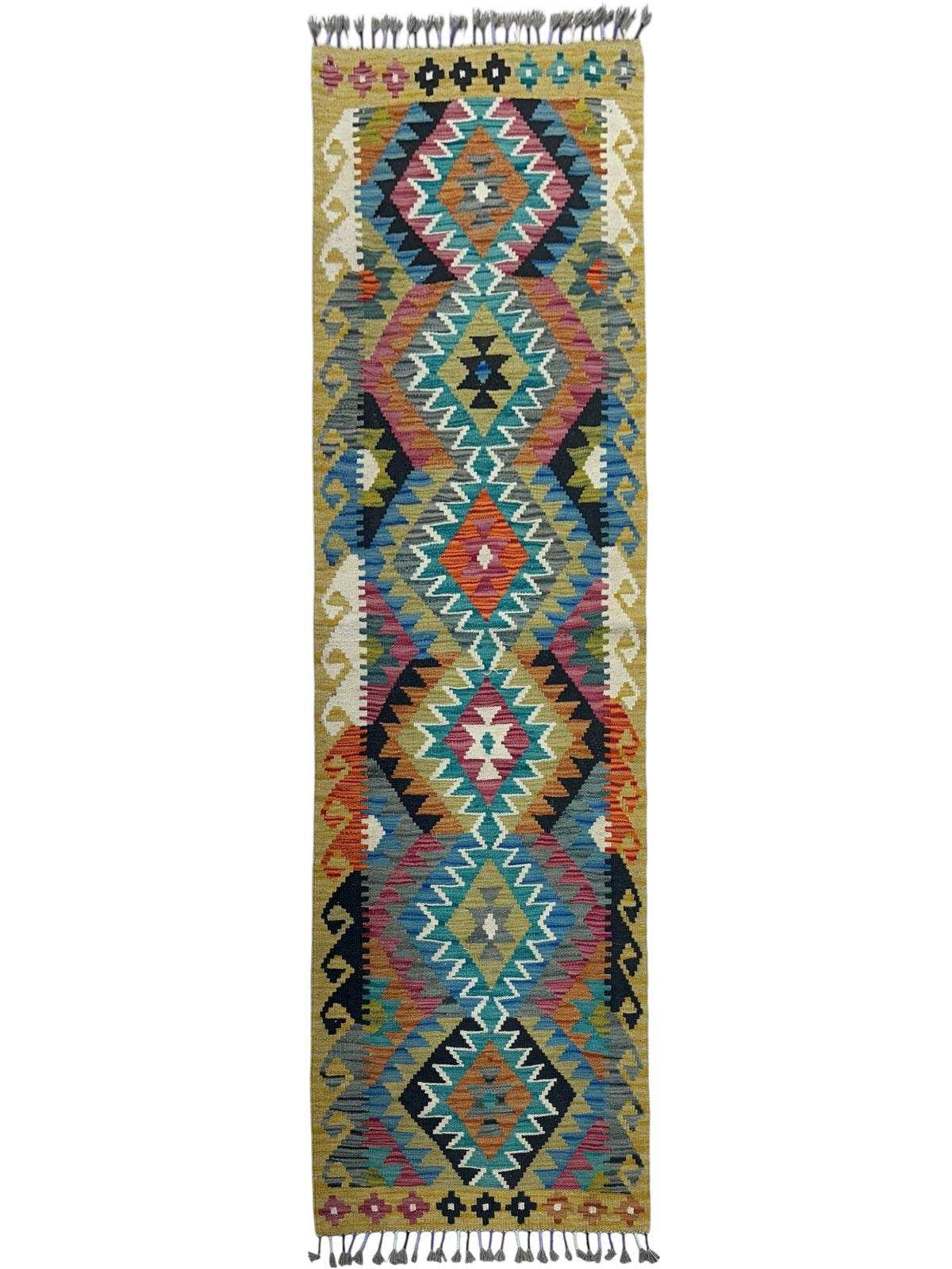Afghan Kilim Rug 3x4, Gold, Teal & Rust, Diamond Medallion Wool Flatweave