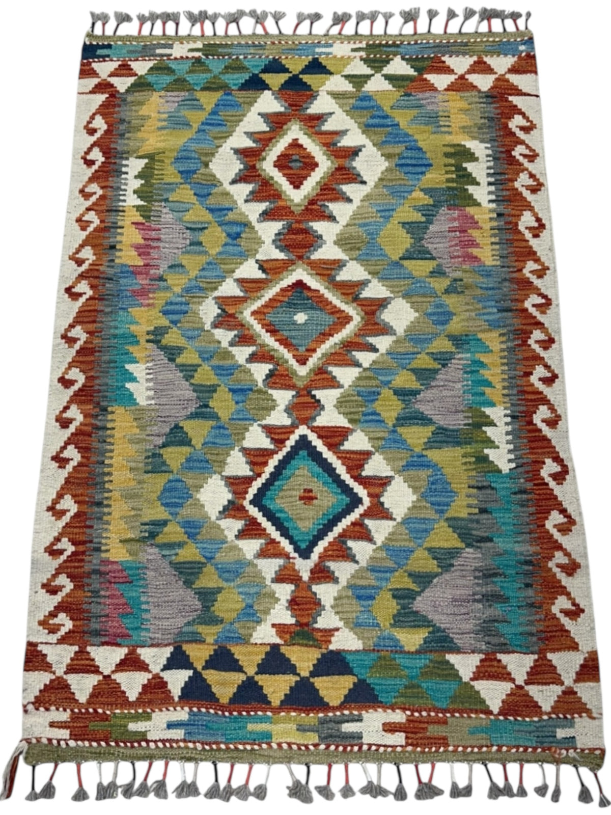 Afghan Kilim Rug 3x4, Ivory, Rust & Olive Green, Hand-Woven Wool Flatweave, view 2