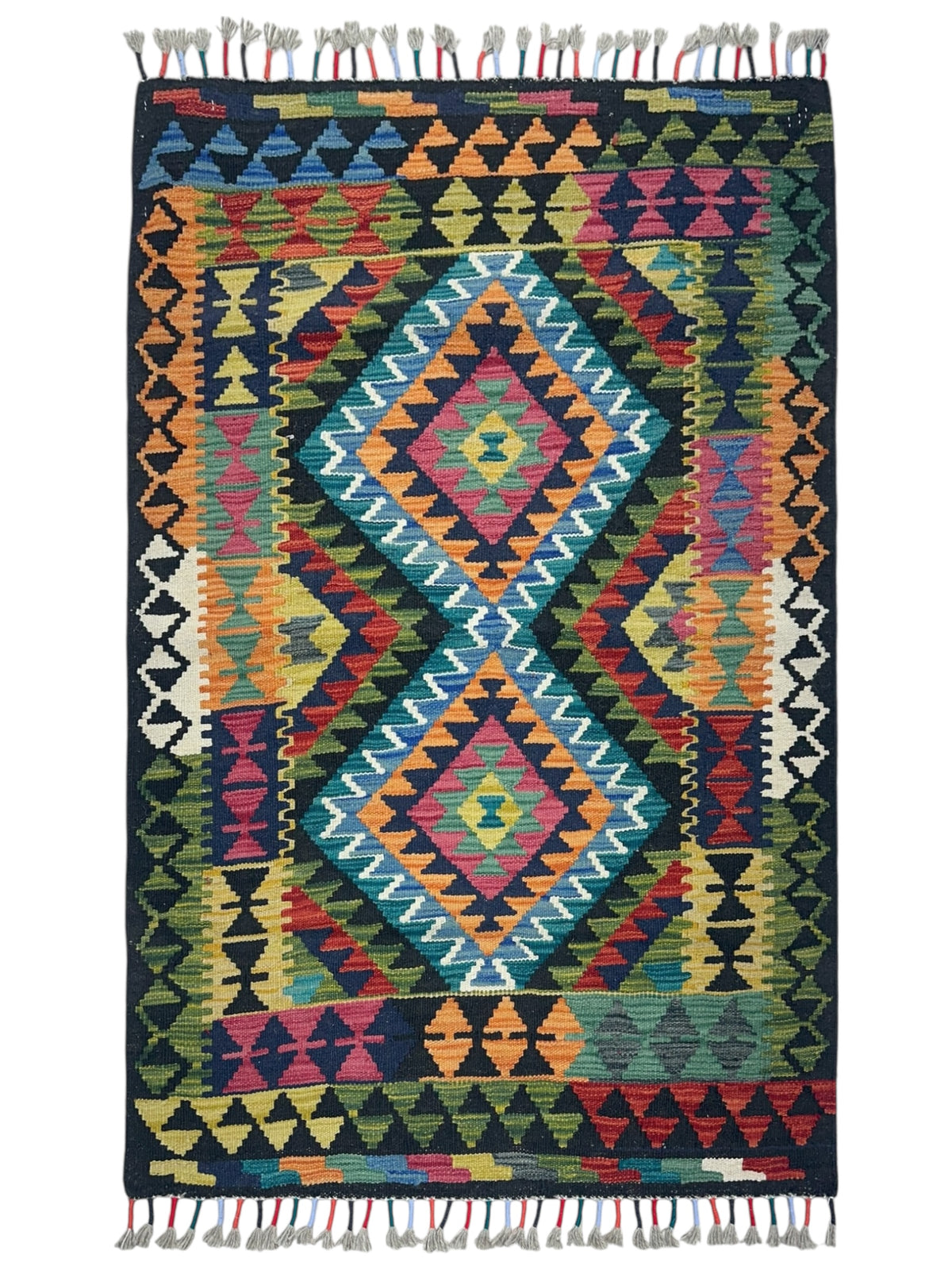 Afghan Kilim Rug 3x4, Black, Olive Green & Orange, Hand-Woven Wool Flatweave