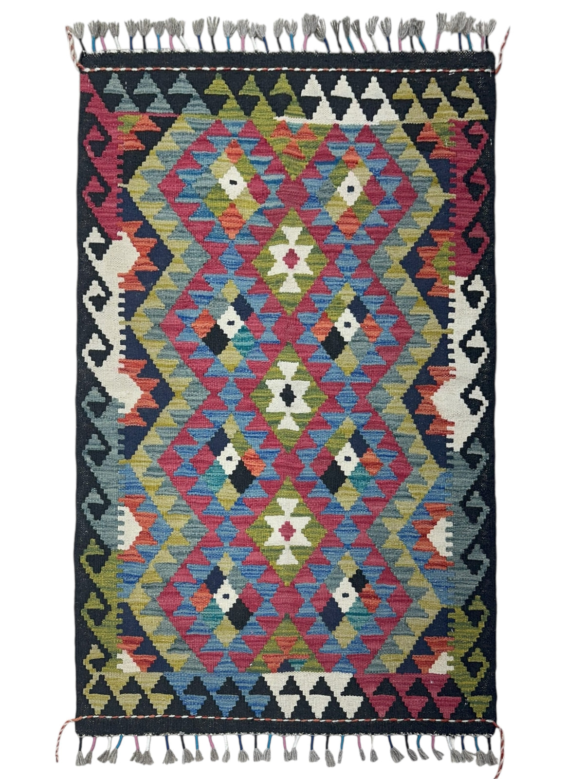 Afghan Kilim Rug 3x4, Pink, Blue & Olive Green, Hand-Woven Wool Flatweave
