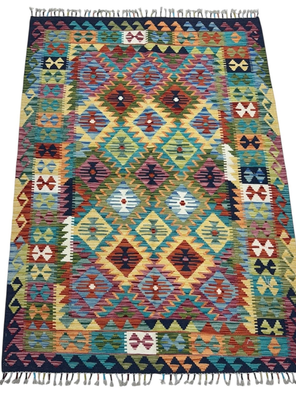 Afghan Kilim Rug 5x6, Gold, Teal & Rust, Hand-Woven Wool Flatweave, view 2