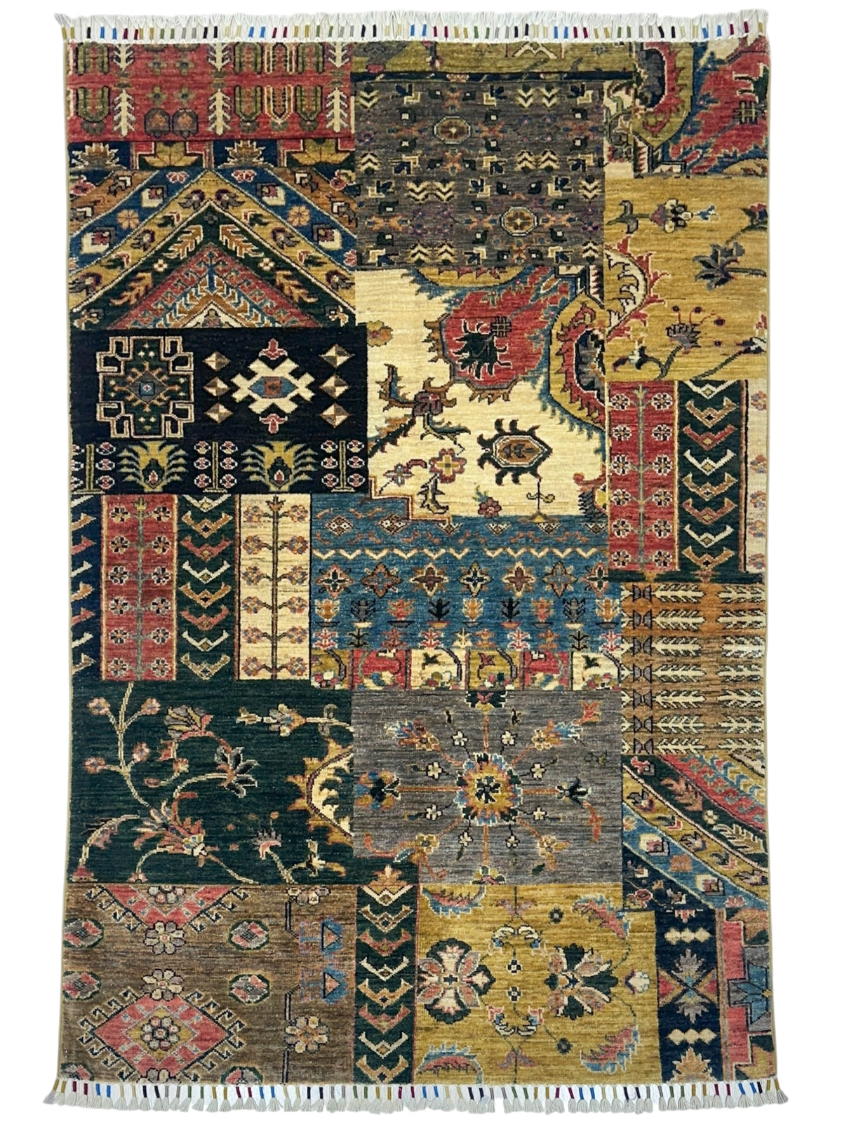 Afghan Rug 4x6, Gold, Green & Red, Hand-Knotted Wool