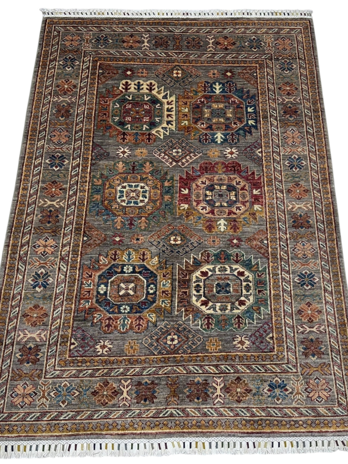 Afghan Chobi Rug 4'2" x 6', Hand-Knotted Wool, Beige, view 2