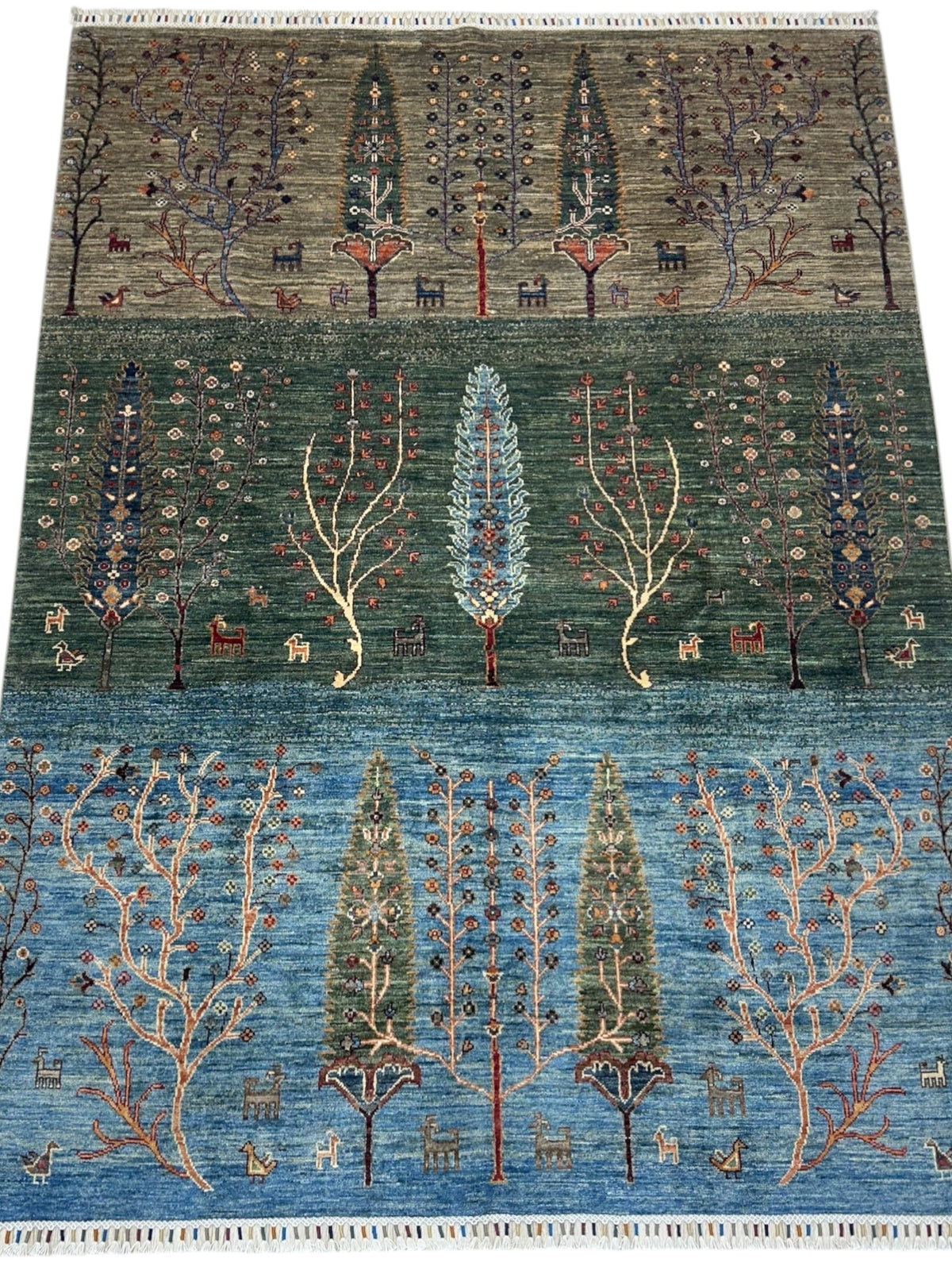 Afghan Rug 6x8, Green, Light Blue & Gray, Hand-Knotted Wool, view 2