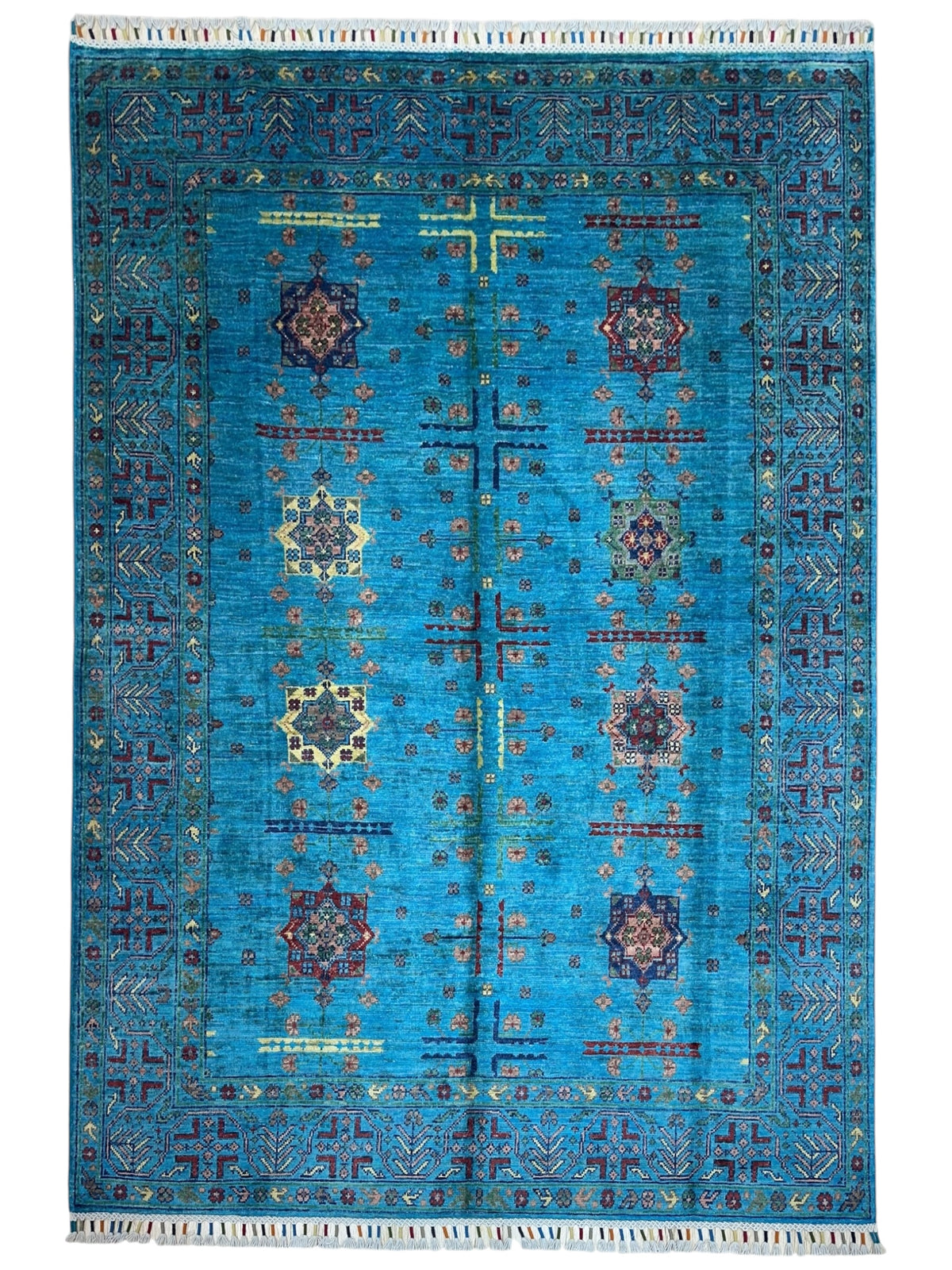 Afghan Bukhara Rug 4'11" x 6'6", Hand-Knotted Wool, Blue