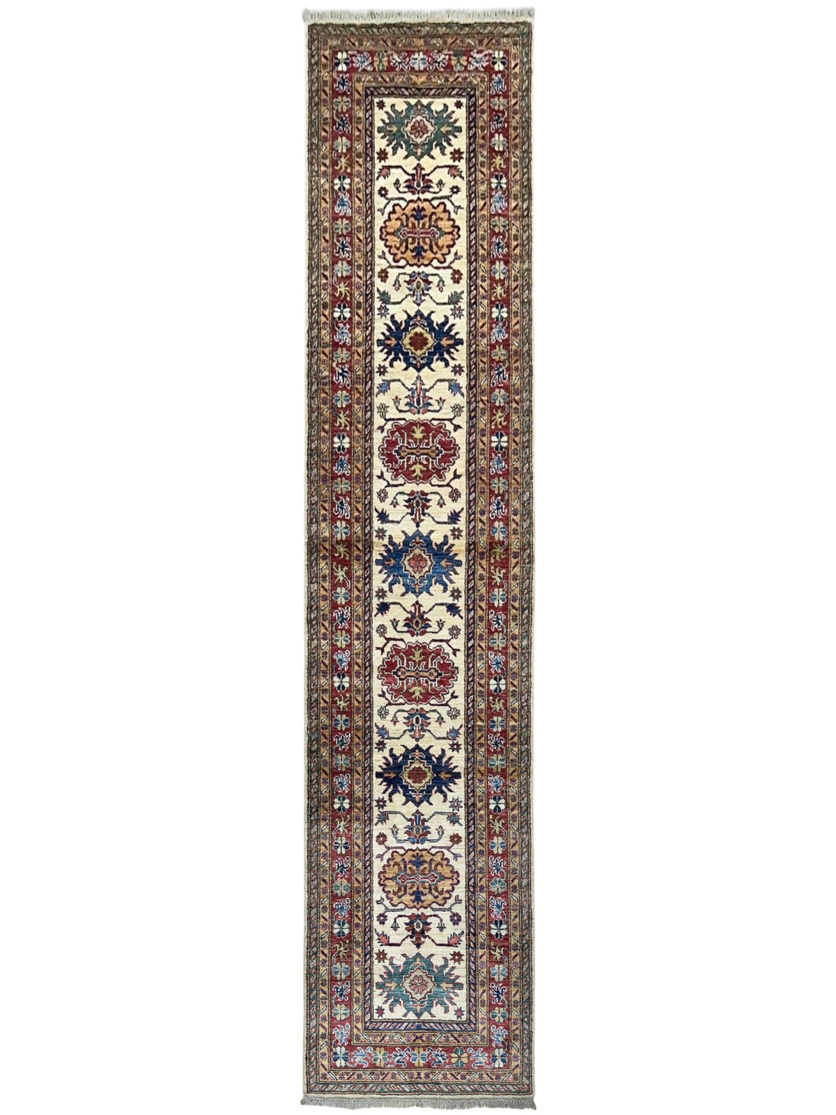 Afghan Super Kazak Runner 2'7" x 10'2", Hand-Knotted Wool, Cream