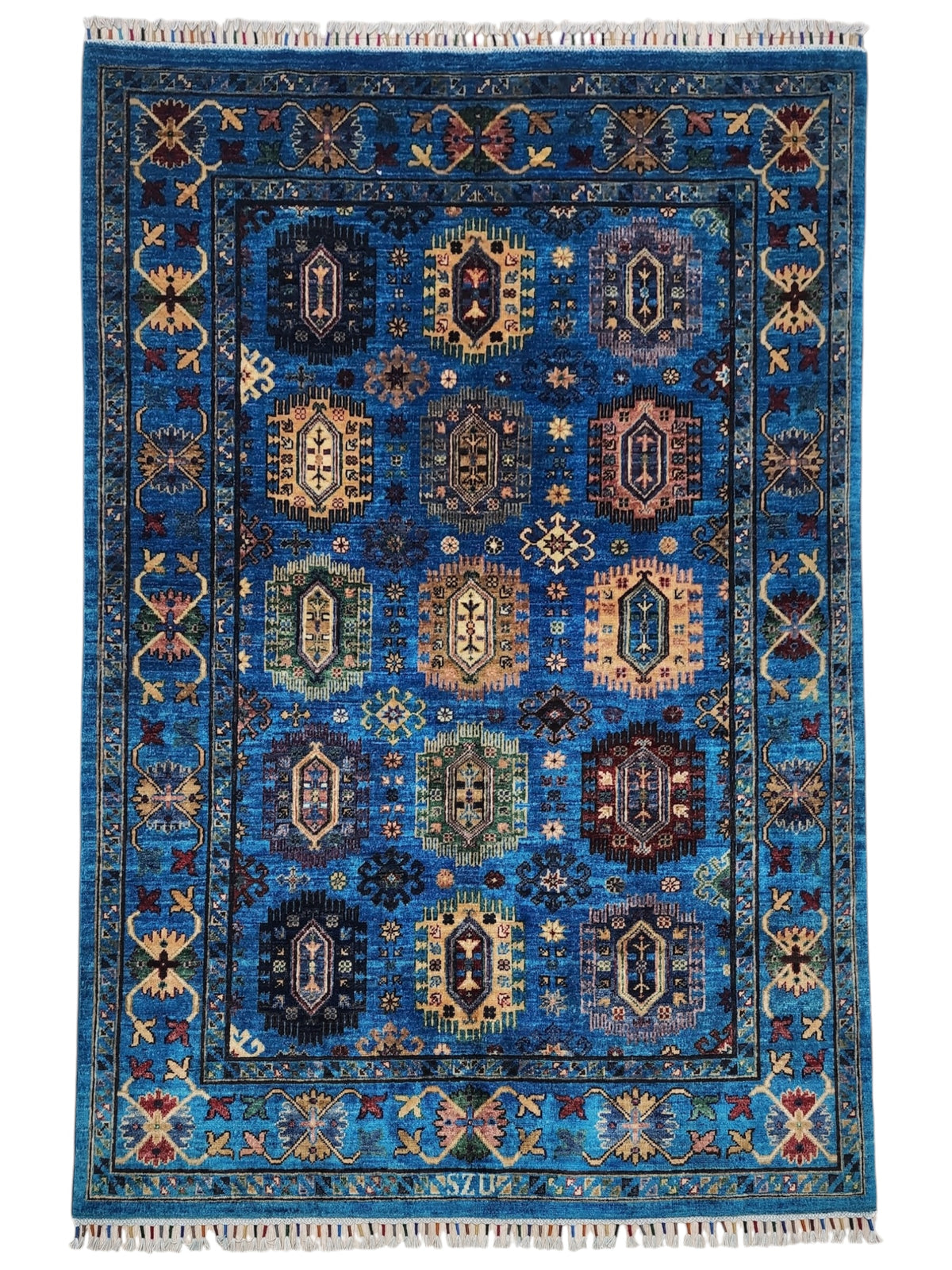 Afghan Kazak Rug 5x7, Blue, Gold & Navy, Hand-Knotted Wool