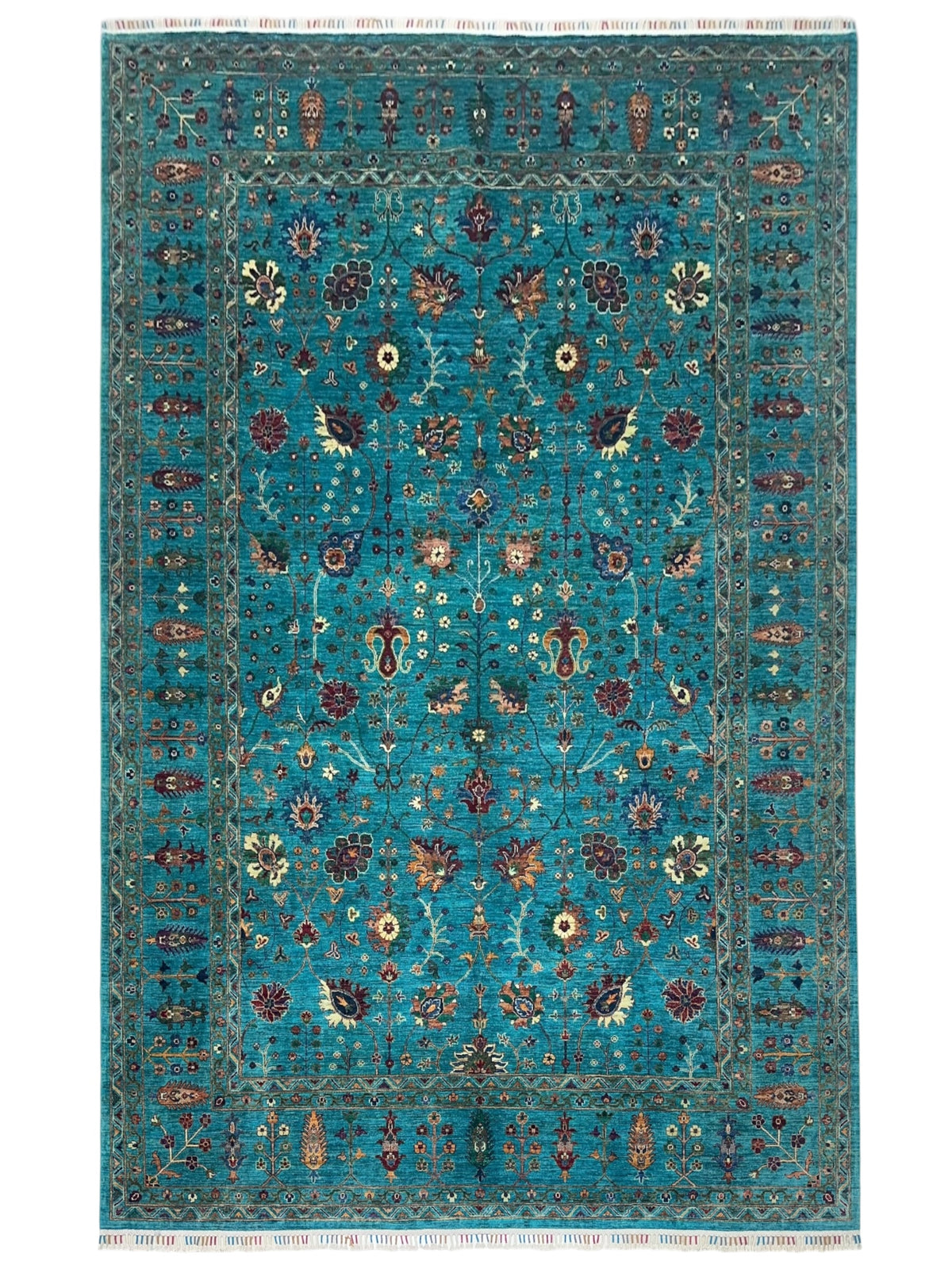 Afghan Chobi Sultani Rug 8'11" x 12'2", Hand-Knotted Wool, Turquoise