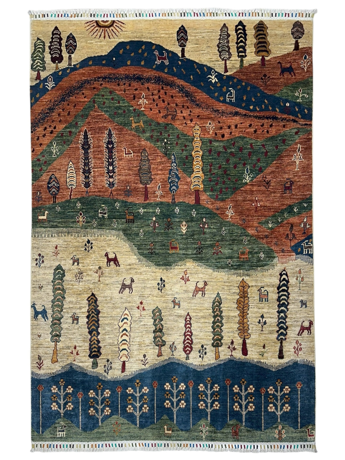 Afghan Gabbeh Rug 5x7, Ivory, Rust & Green, Hand-Knotted Wool
