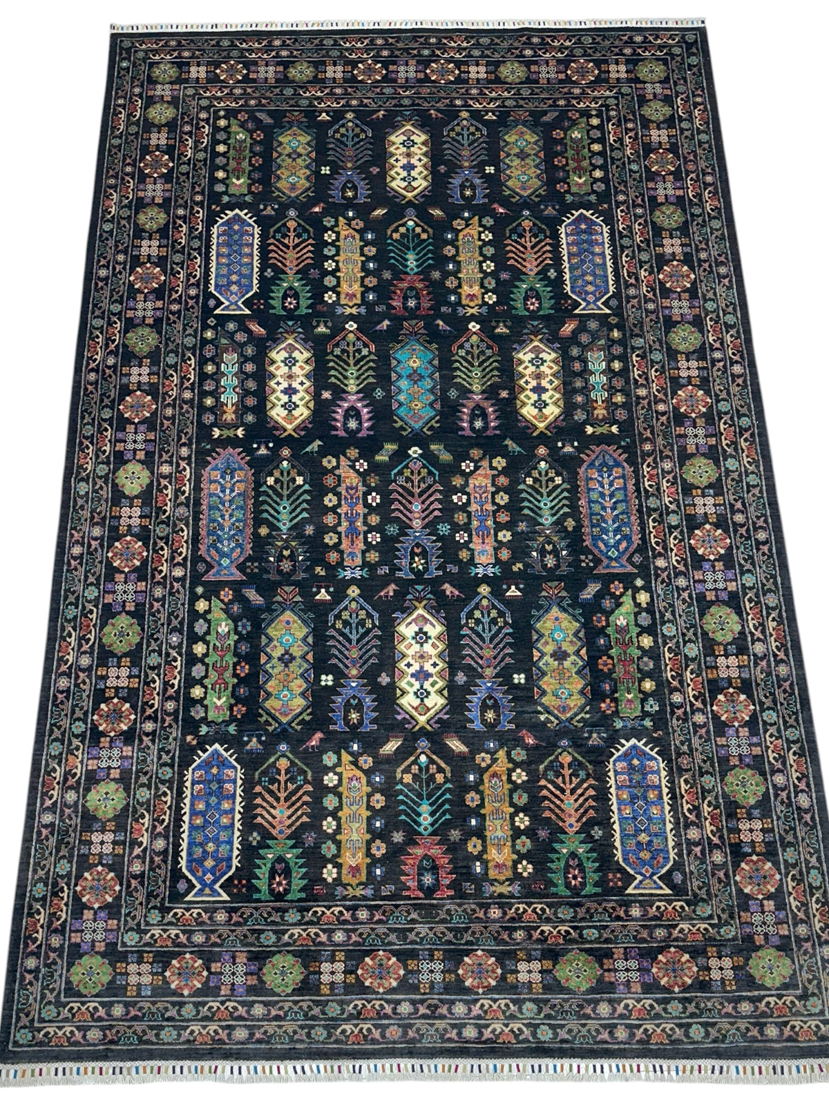 Afghan Kazak Rug 7x11, Navy, Ivory & Gold, Hand-Knotted Wool, view 2
