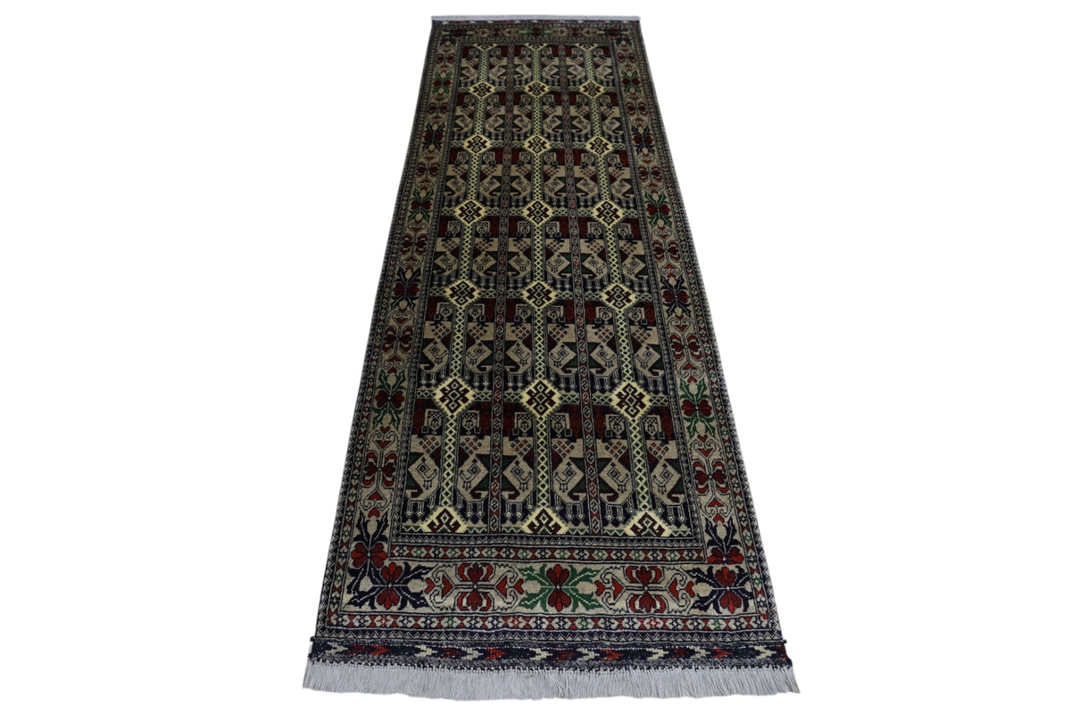 Afghan Runner 3x7, Gray, Beige & Burgundy, Hand-Knotted Wool, view 2