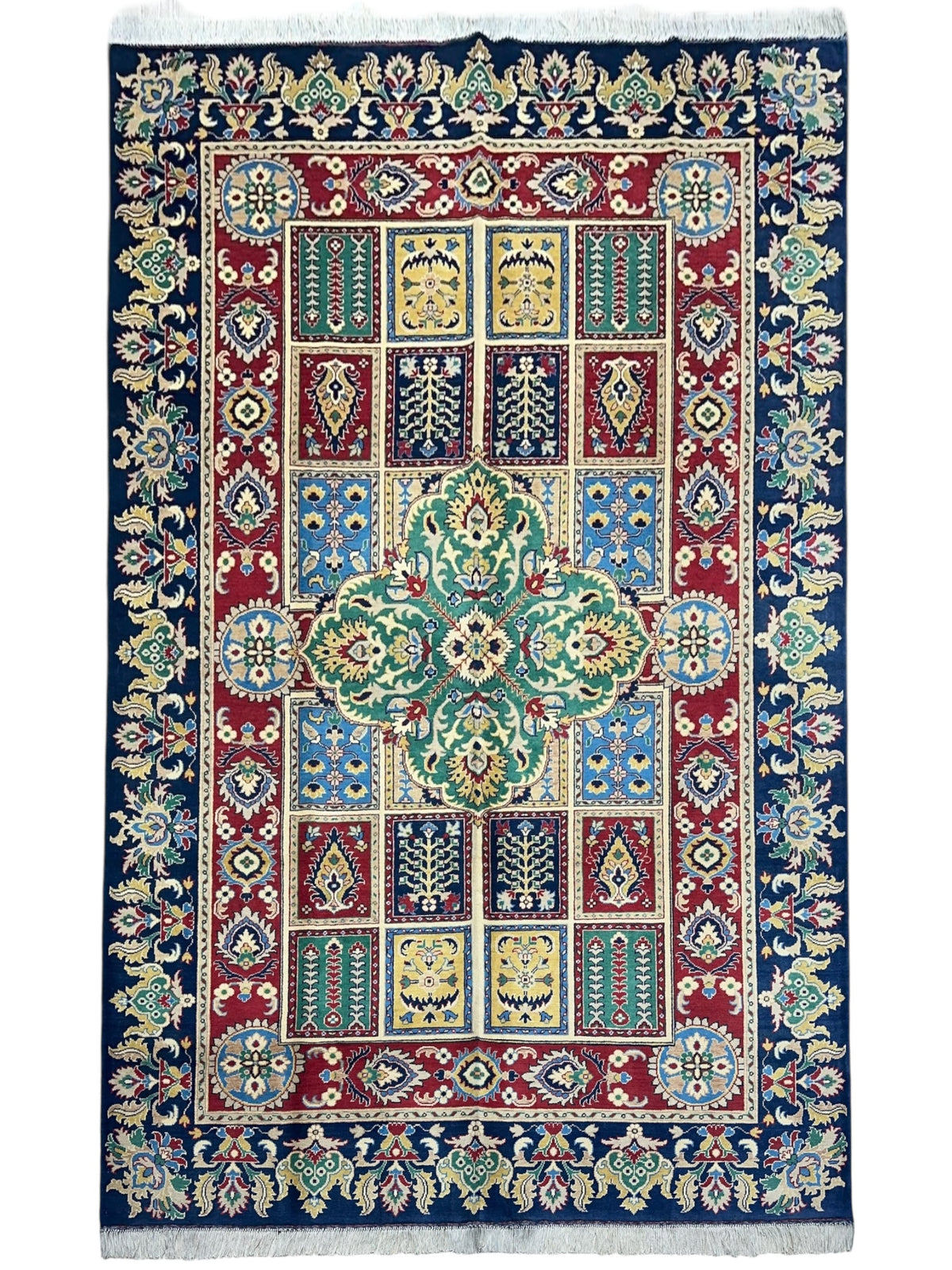 Afghan Bakhtiari Rug 7x10, Navy, Red & Green, Hand-Knotted Wool