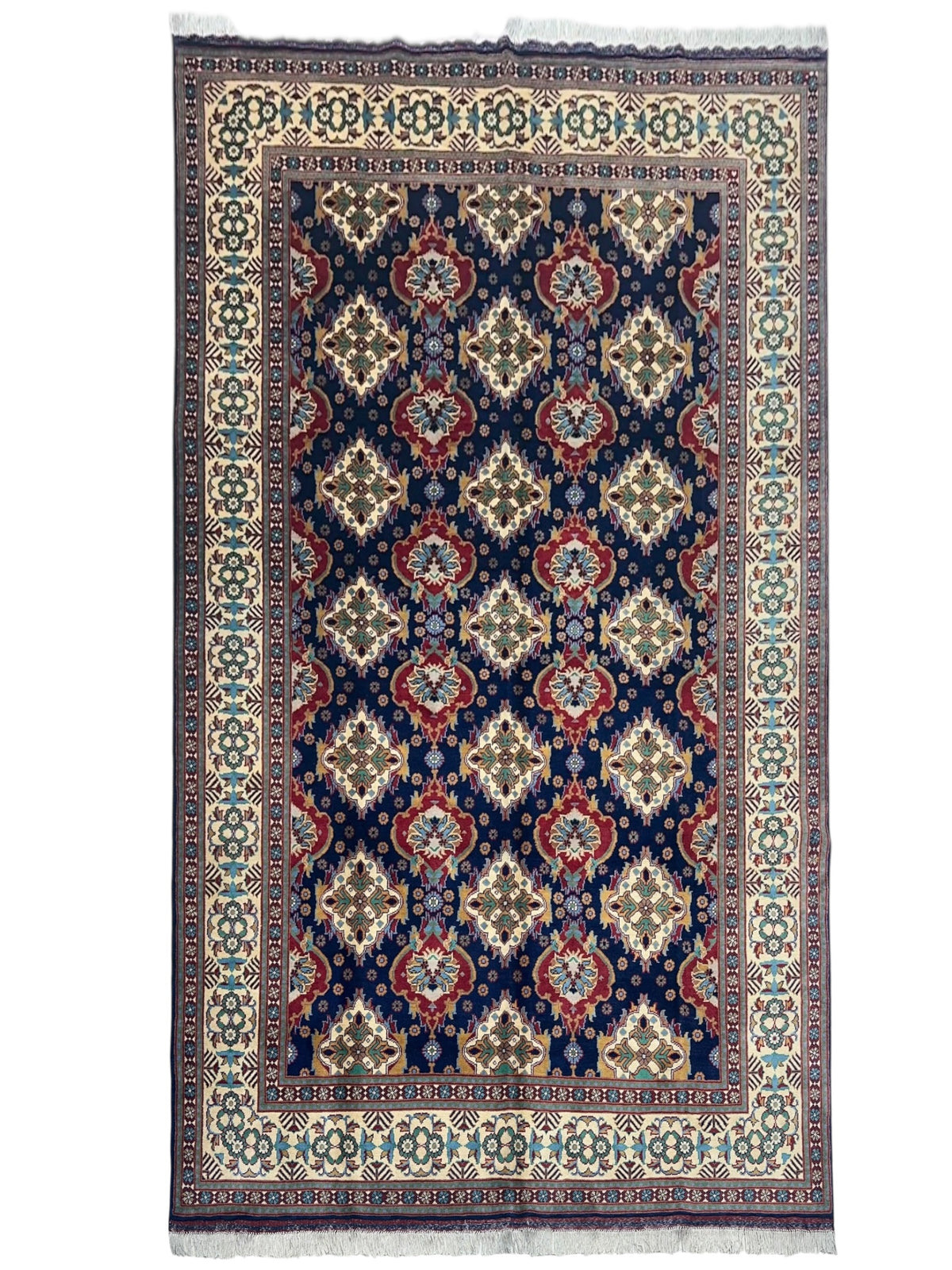 Afghan Rug 7x10, Navy, Ivory & Red, Hand-Knotted Wool
