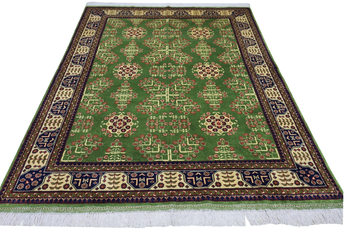 Afghan Bukhara Rug 4'10" x 6'6", Hand-Knotted Wool, Cream & Green, view 2