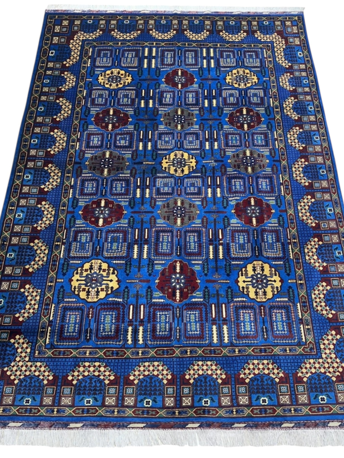 Afghan Gandom Rug 6'8" x 9'9", Hand-Knotted Wool, Blue, Cream & Red, view 2
