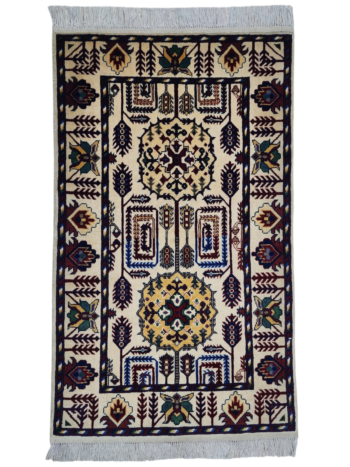 Afghan Gandom Rug 2'7" x 4', Hand-Knotted Wool, Cream & Red