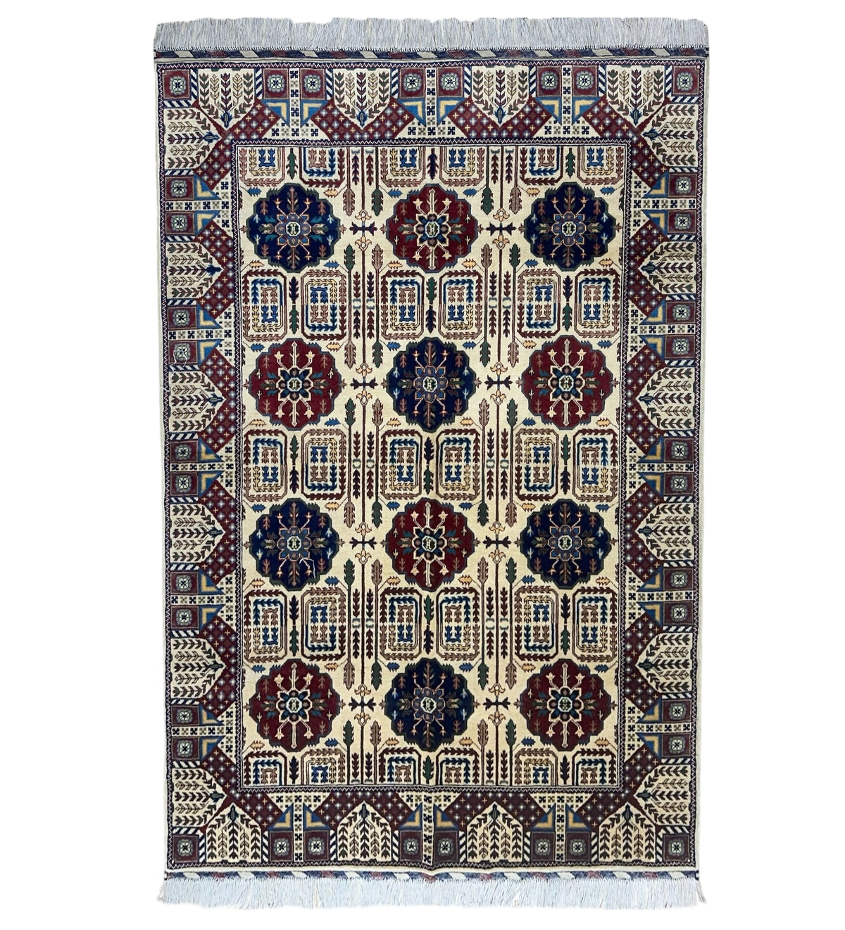Afghan Gandom Rug 4'11" x 6'8", Hand-Knotted Wool, Blue, Cream & Red