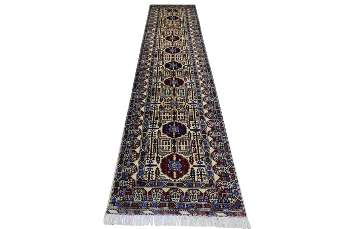 Afghan Gandom Runner 3'1" x 13'1", Hand-Knotted Wool, Blue & Cream, view 2