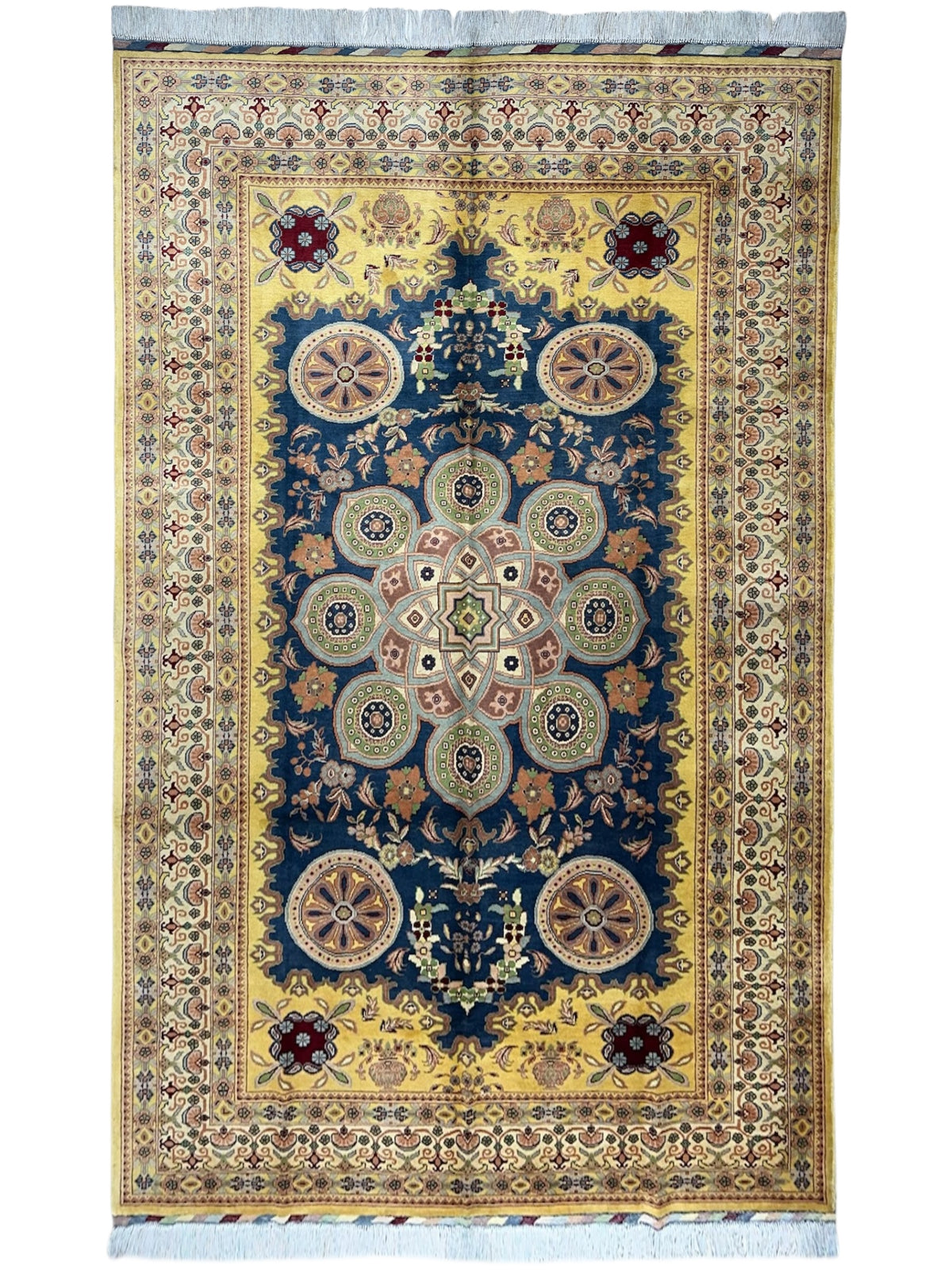 Afghan Nain Rug 7x9, Gold, Navy & Beige, Hand-Knotted Wool