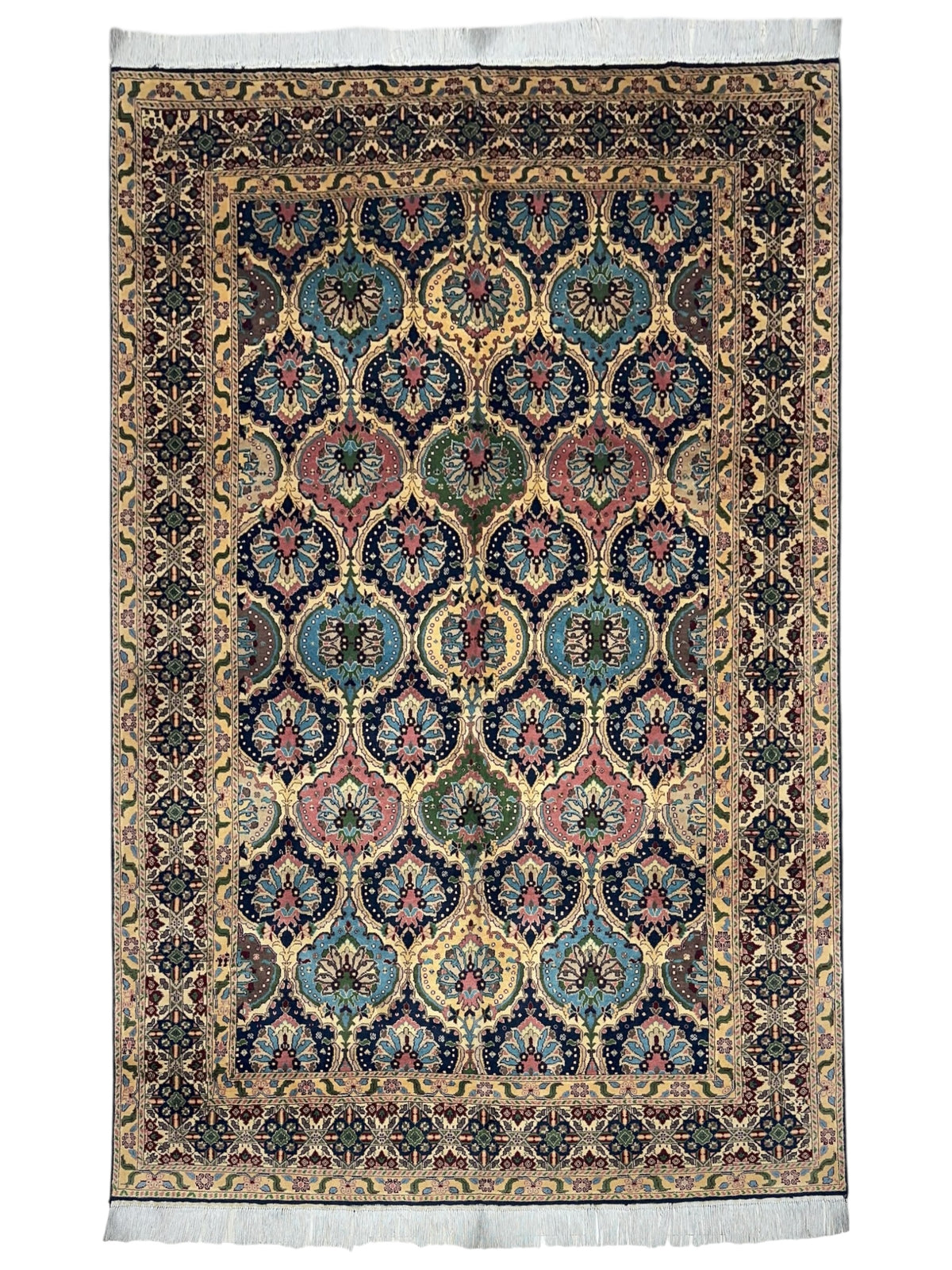 Afghan Rug 7x9, Navy, Beige & Gold, Hand-Knotted Wool