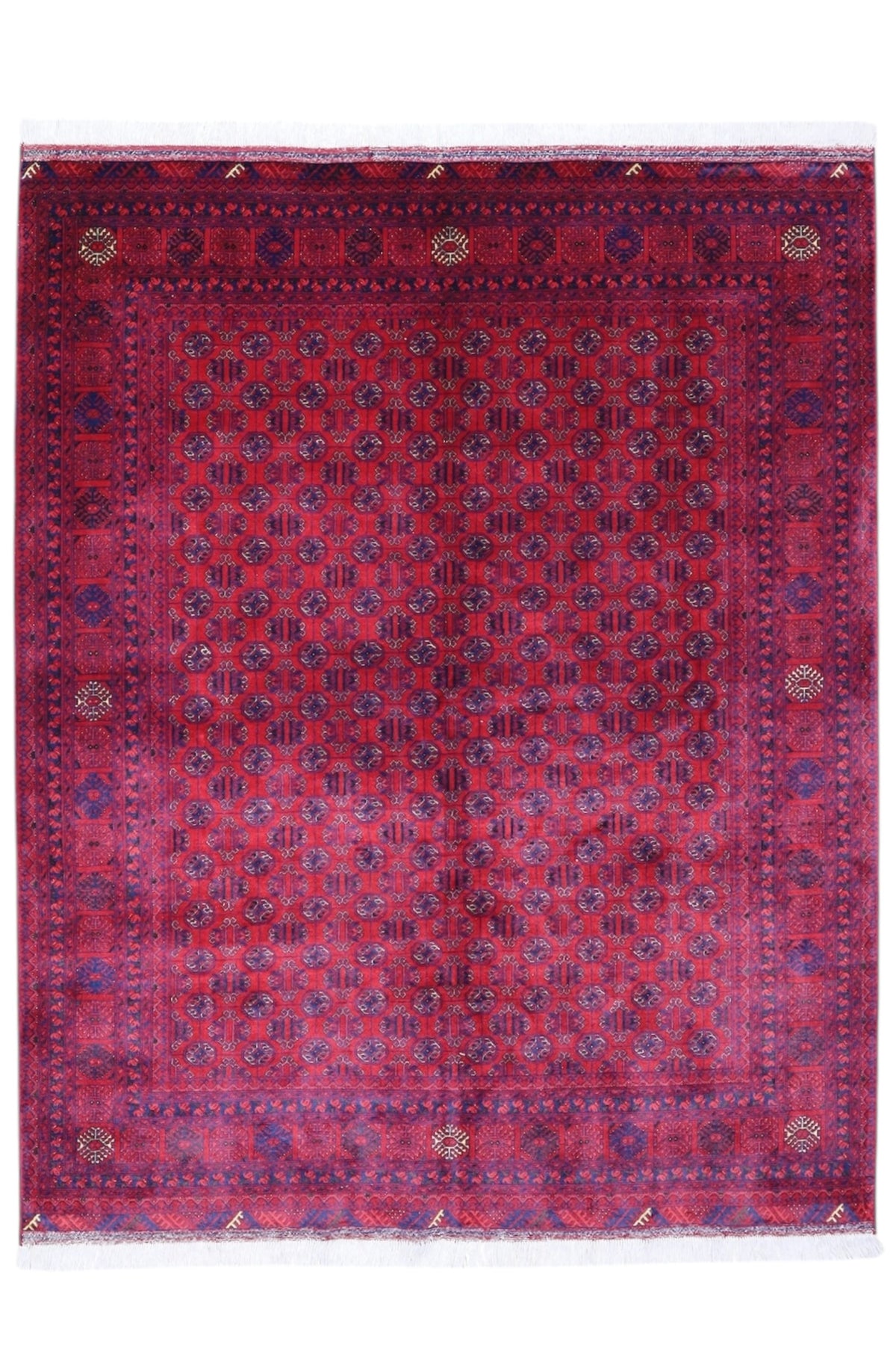 Afghan Turkmen Gul Rug 6x7, Red, Burgundy & Navy, Hand-Knotted Wool