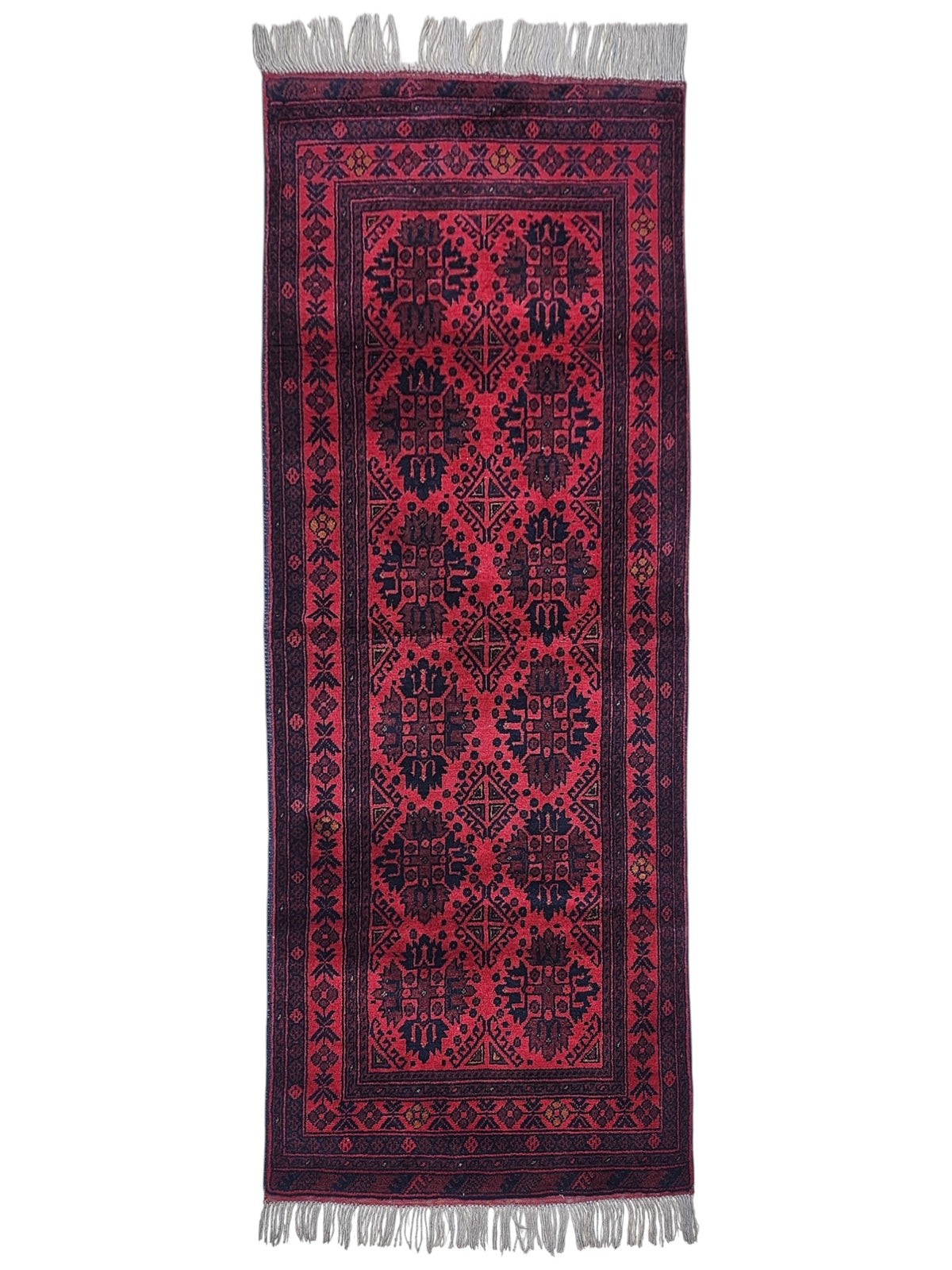 Afghan Gul Runner 3x7, Red, Navy & Burgundy, Hand-Knotted Wool