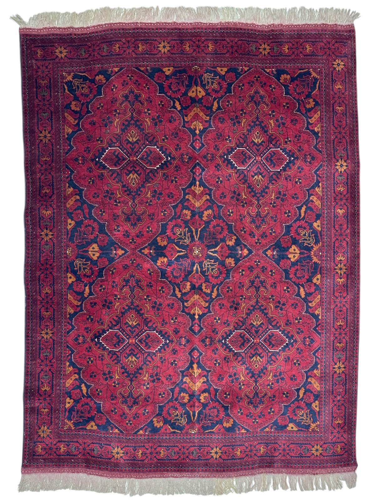Afghan Patnos Rug 5'1" x 6'3", Hand-Knotted Beljik Wool, Red & Gold