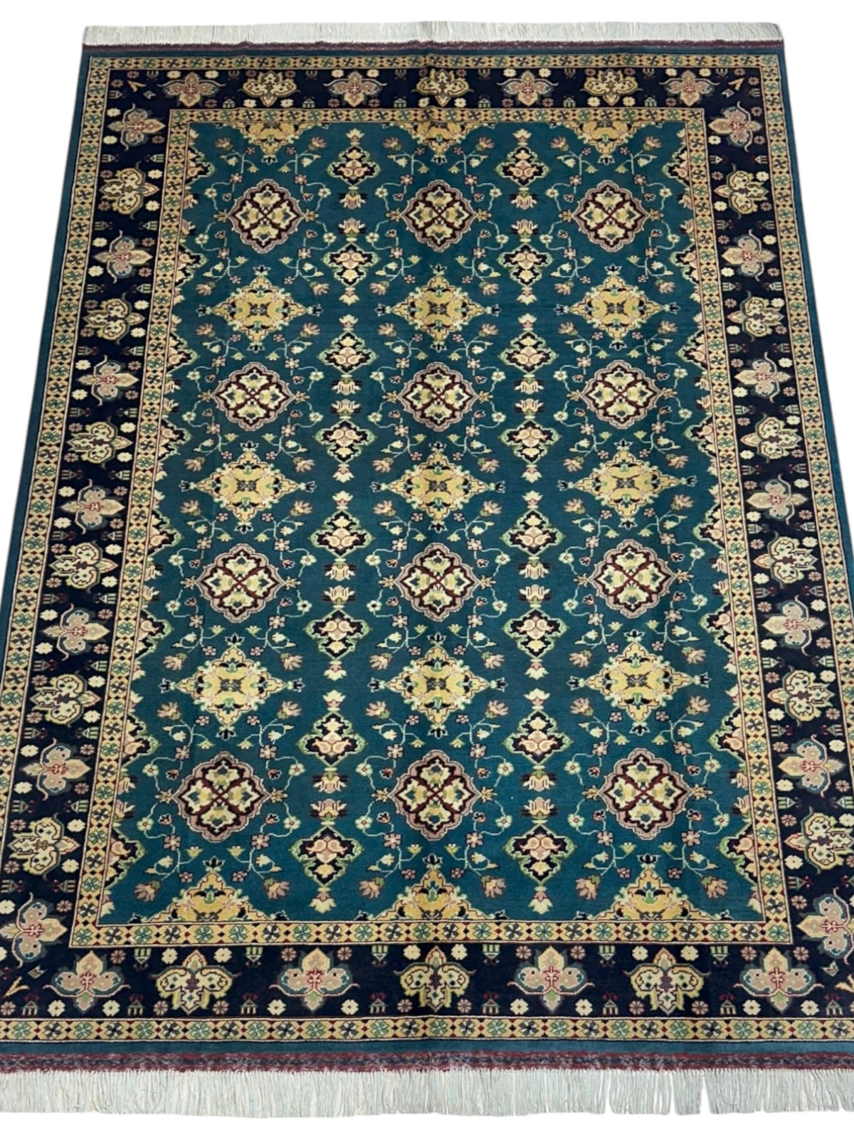 Afghan Rug 7x9, Teal, Navy & Gold, Hand-Knotted Wool, view 2