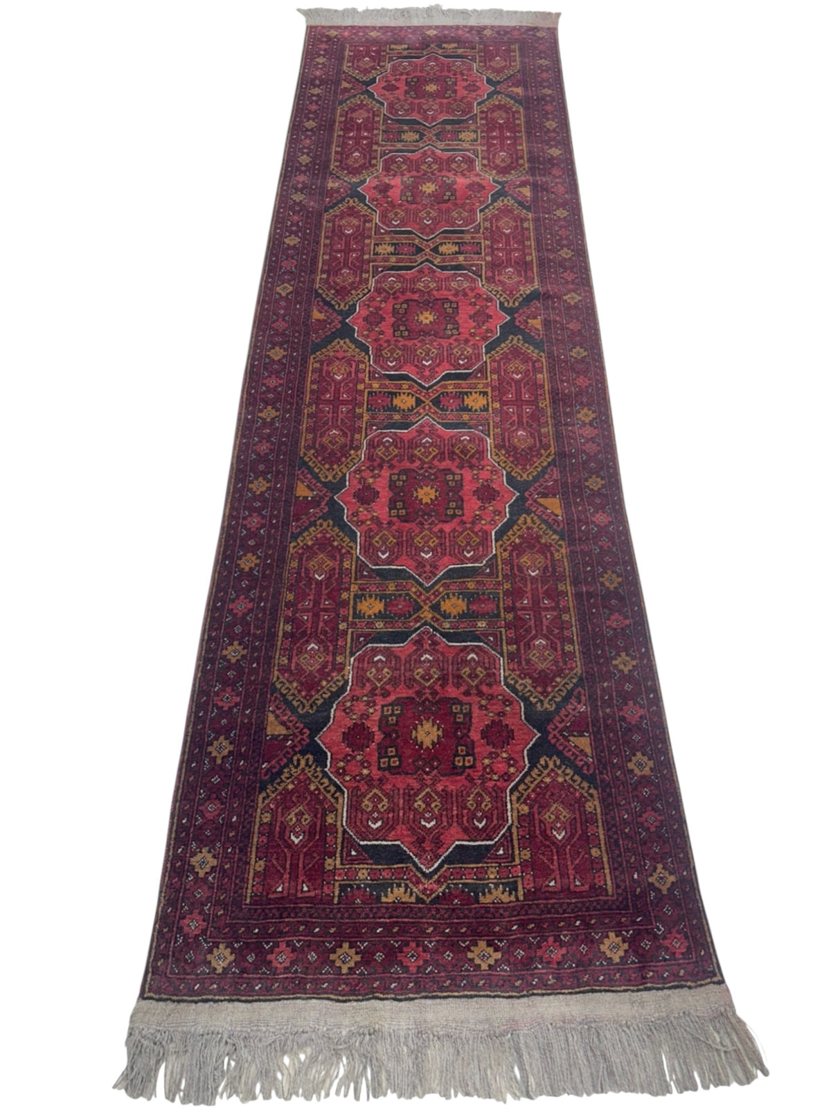 Afghan Jwaly Runner 2'9" x 9'7", Hand-Knotted Wool, Red & Black, view 2