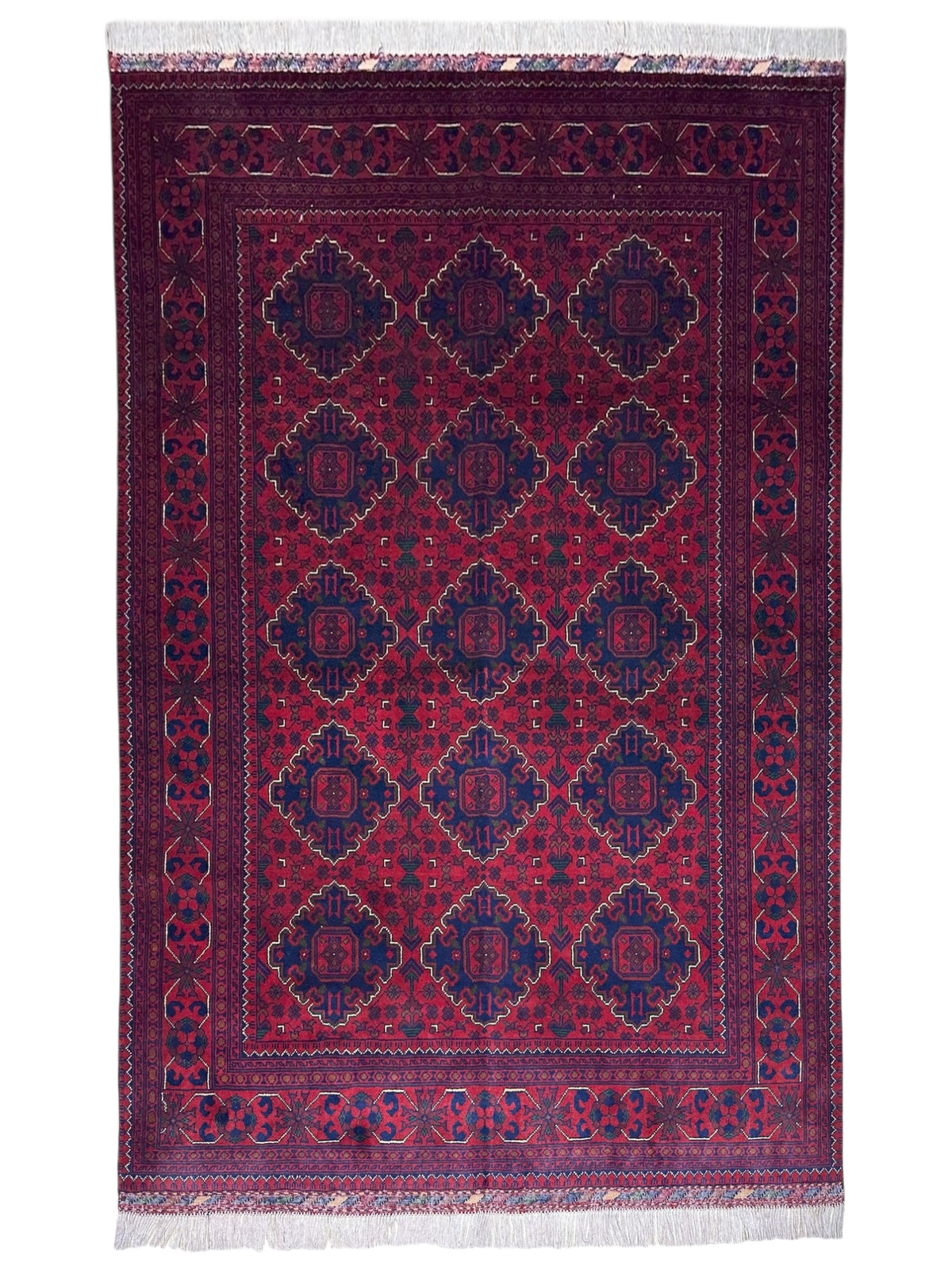 Afghan Khamyab Rug 4'11" x 6'7", Hand-Knotted Wool, Red & Blue