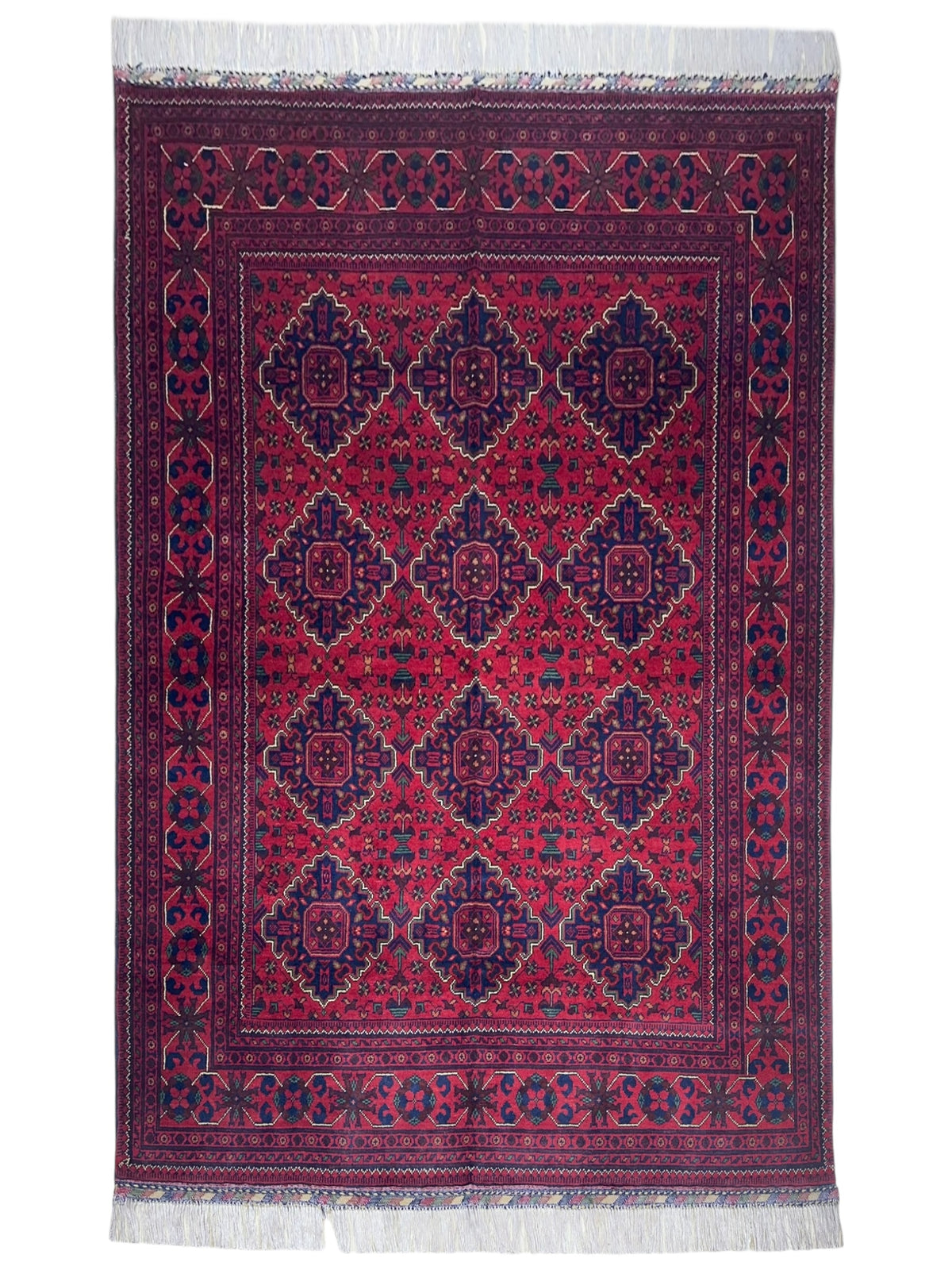 Afghan Khamyab Rug 4'11" x 6'6", Hand-Knotted Wool, Red & Blue