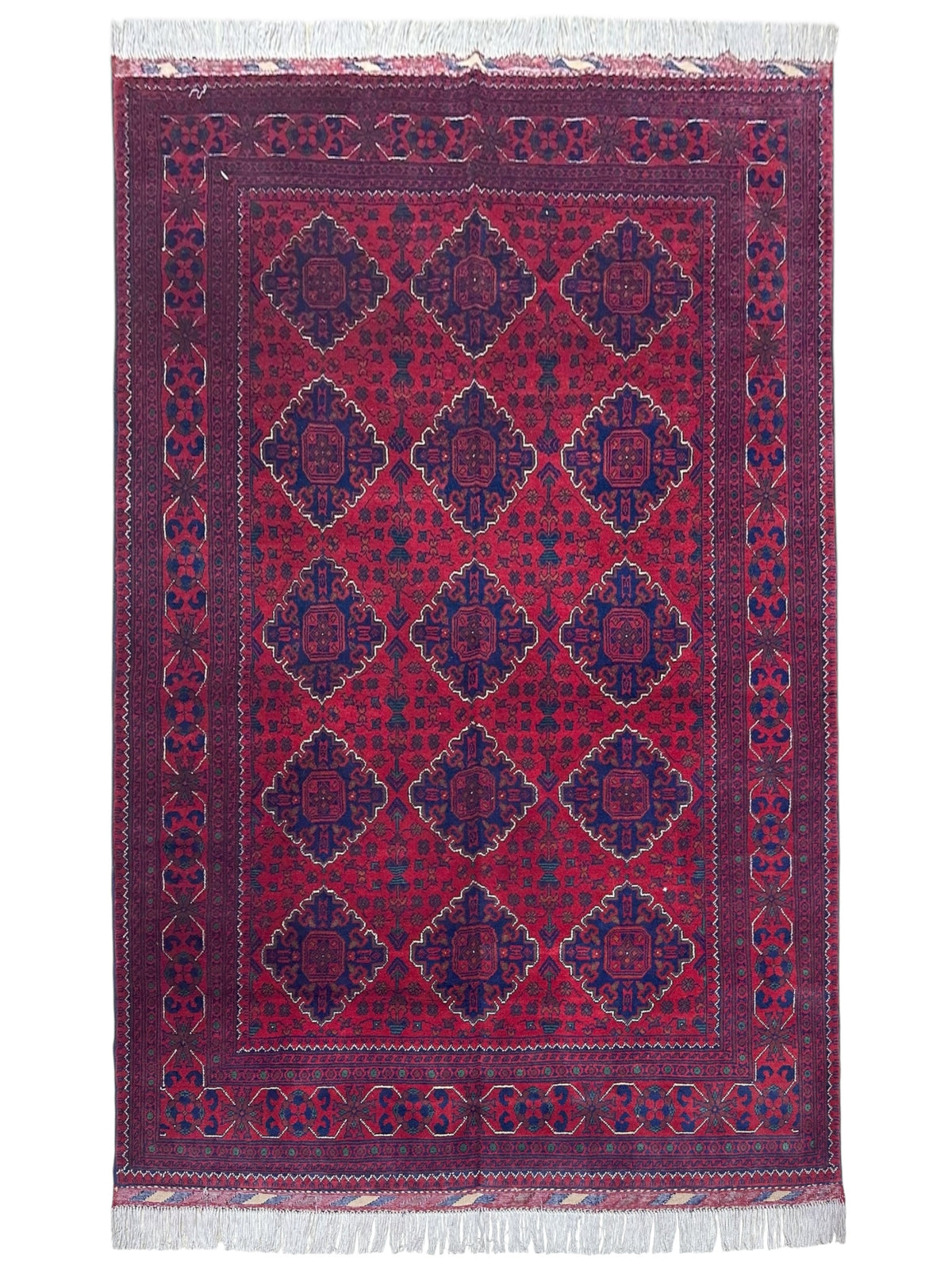 Afghan Khamyab Rug 5'1" x 6'10", Hand-Knotted Wool, Red & Blue