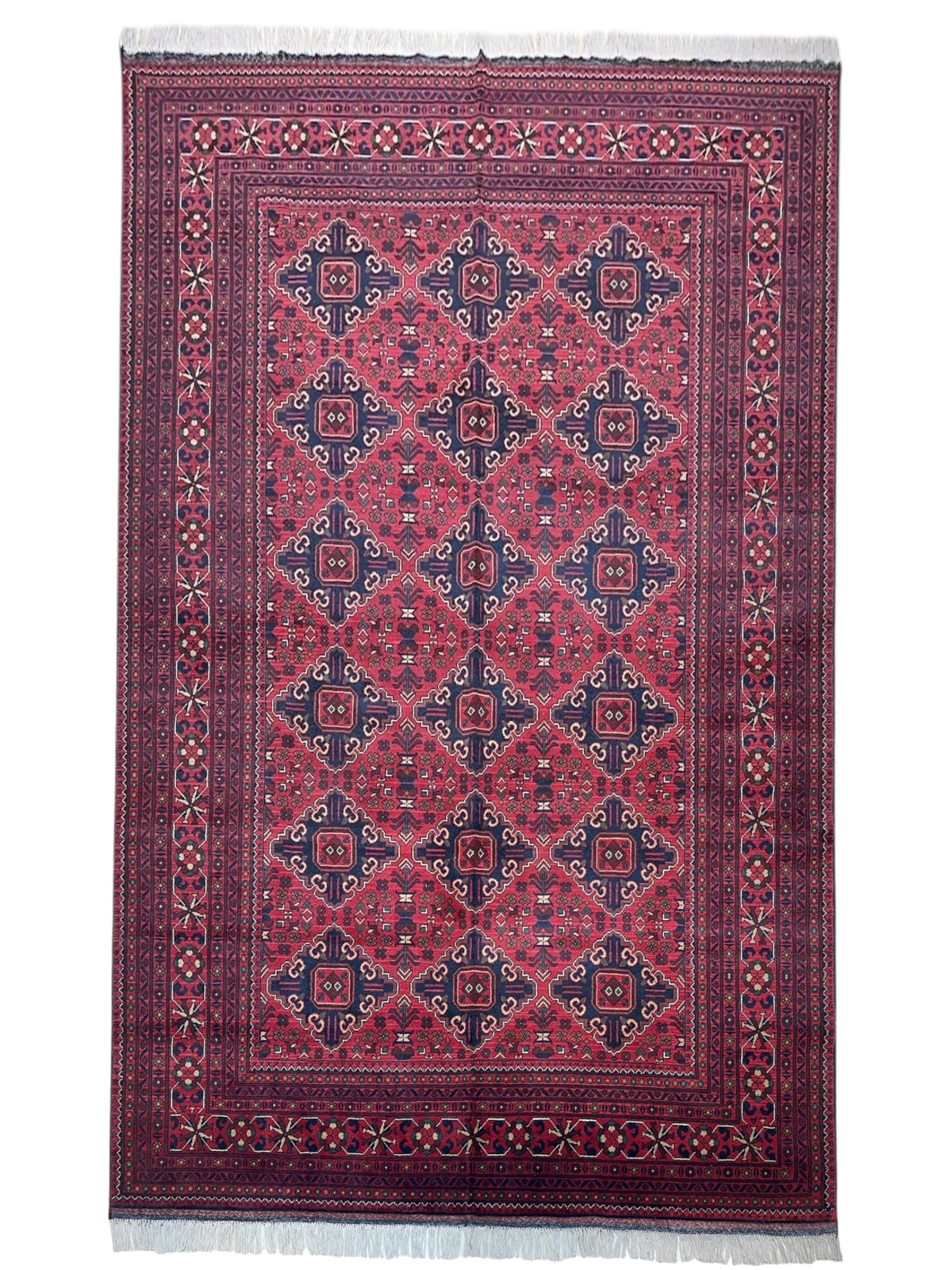 Afghan Khamyab Rug 6'6" x 9'6", Hand-Knotted Wool, Red & Blue