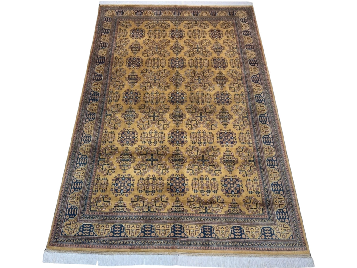 Afghan Bukhara Rug 6'6" x 9'8", Hand-Knotted Wool, Gold & Blue, view 2