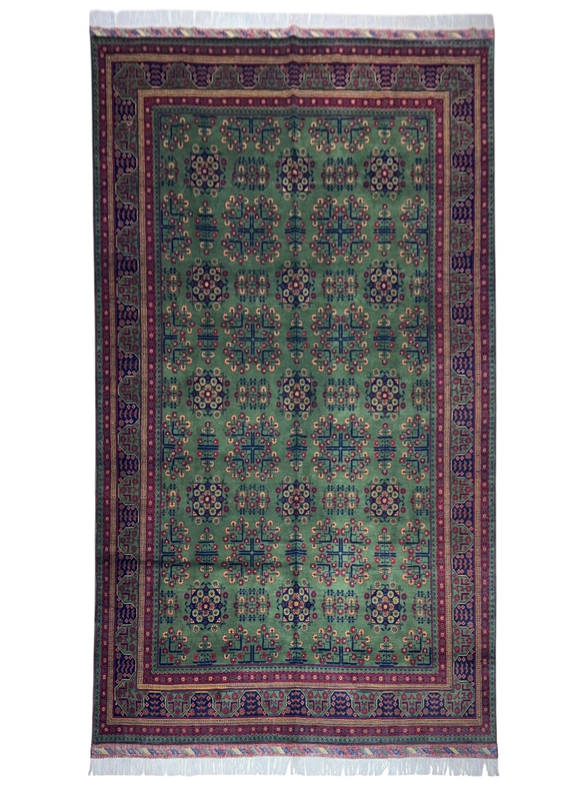 Afghan Turkmen Rug 7x11, Green, Burgundy & Navy, Hand-Knotted Wool